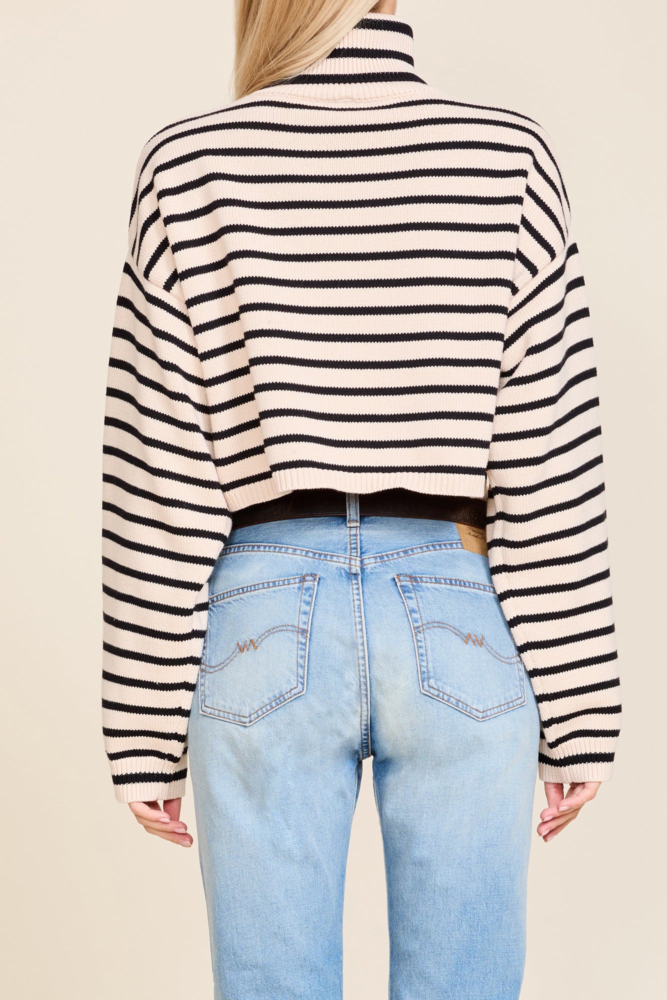 Cropped Stripe Turtleneck Sweater - Tan w/ Black Stripe