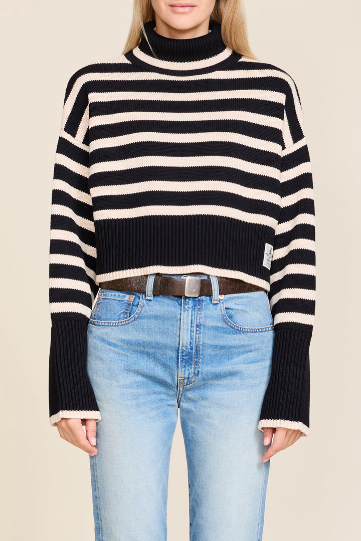 Cropped Sailor Stripe Turtleneck Sweater - Black w/ Tan Stripe 