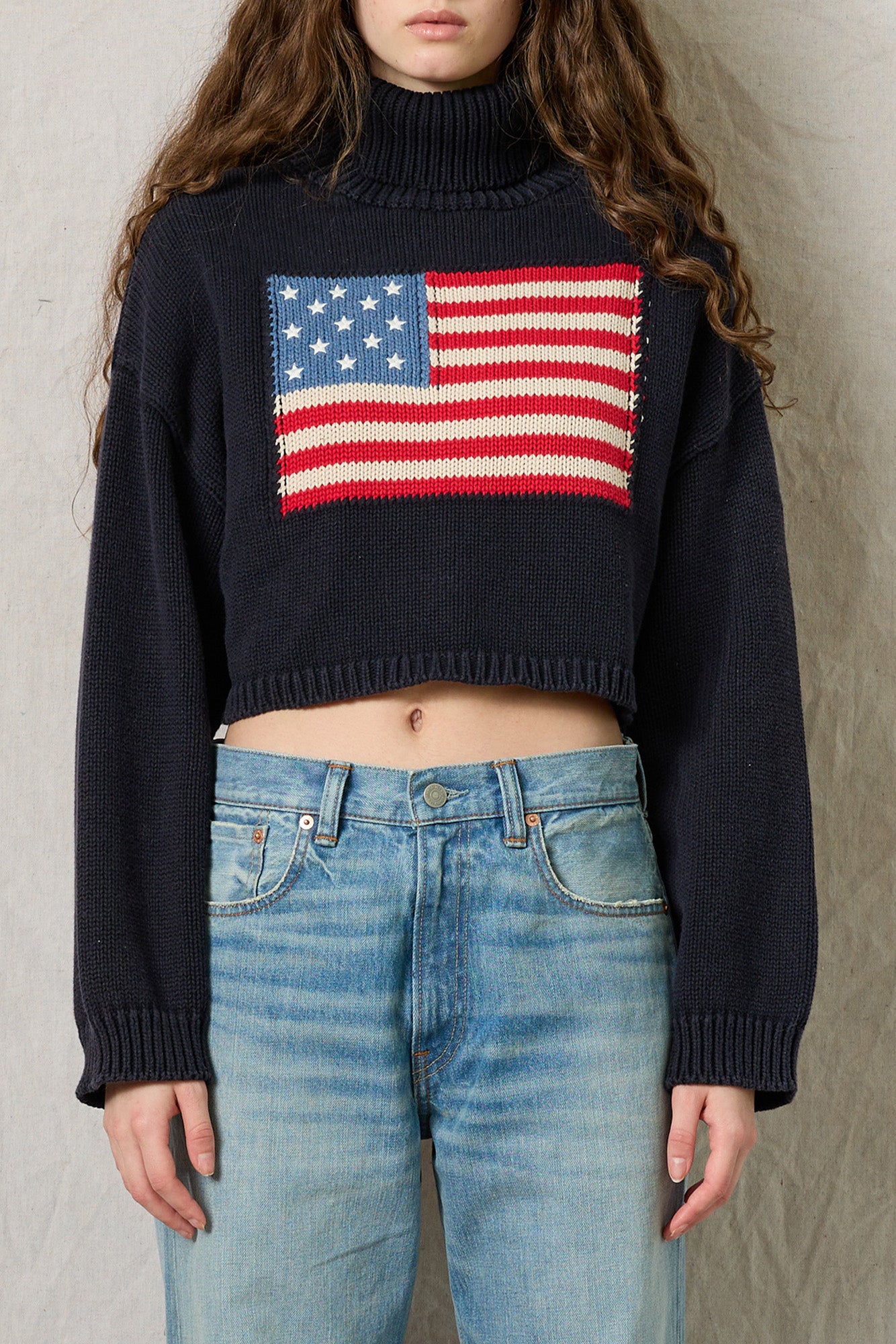 American Flag Cropped Turtleneck Sweater