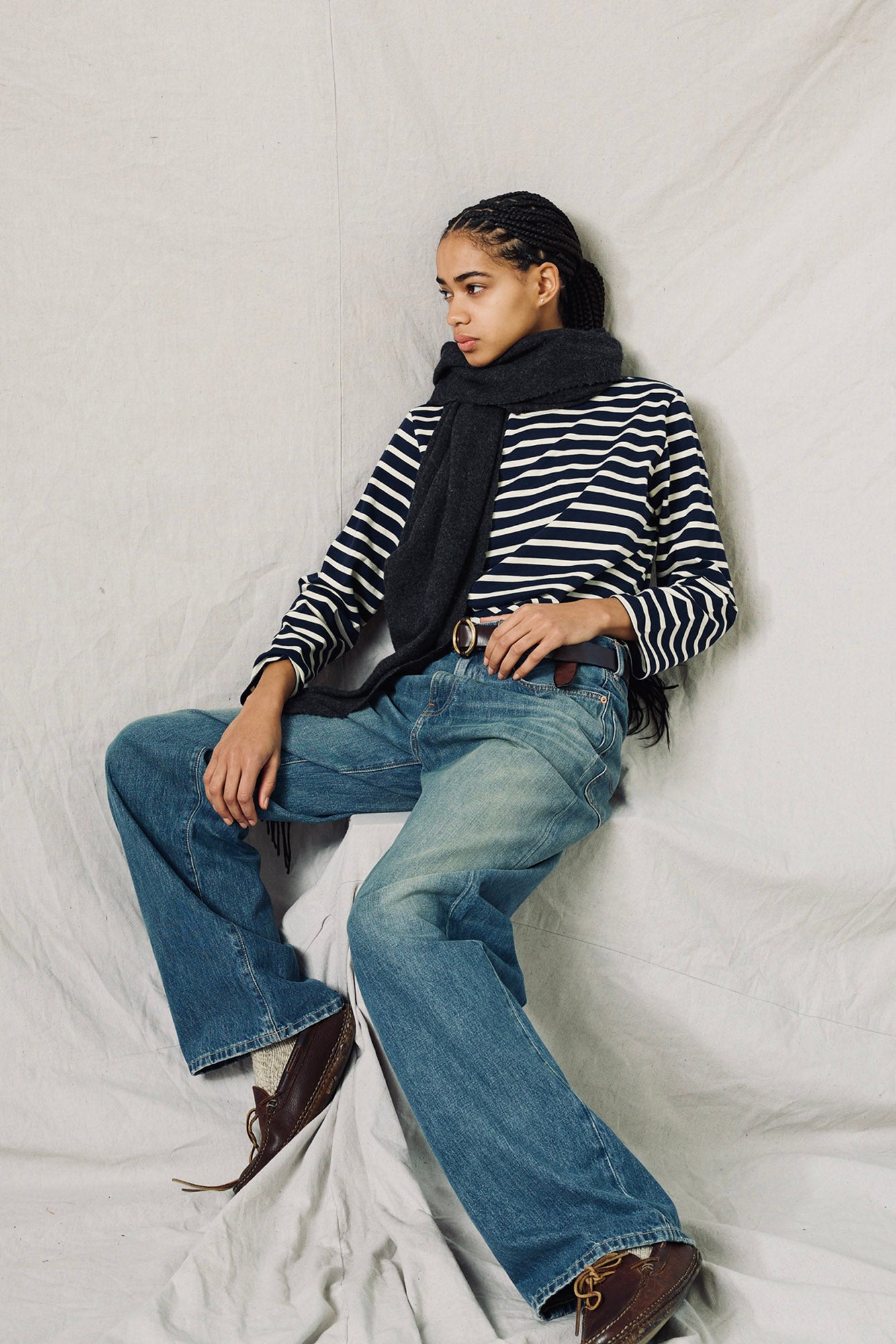 Long Sleeve Boatneck Tee - Wide Navy /Cream Stripe