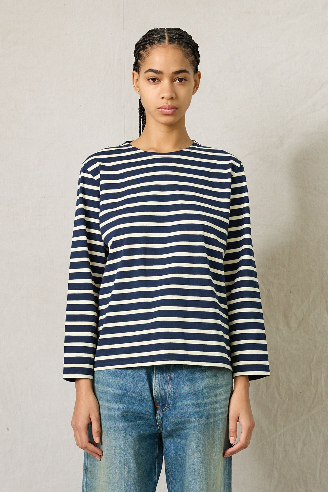 Long Sleeve Boatneck Tee - Wide Navy /Cream Stripe