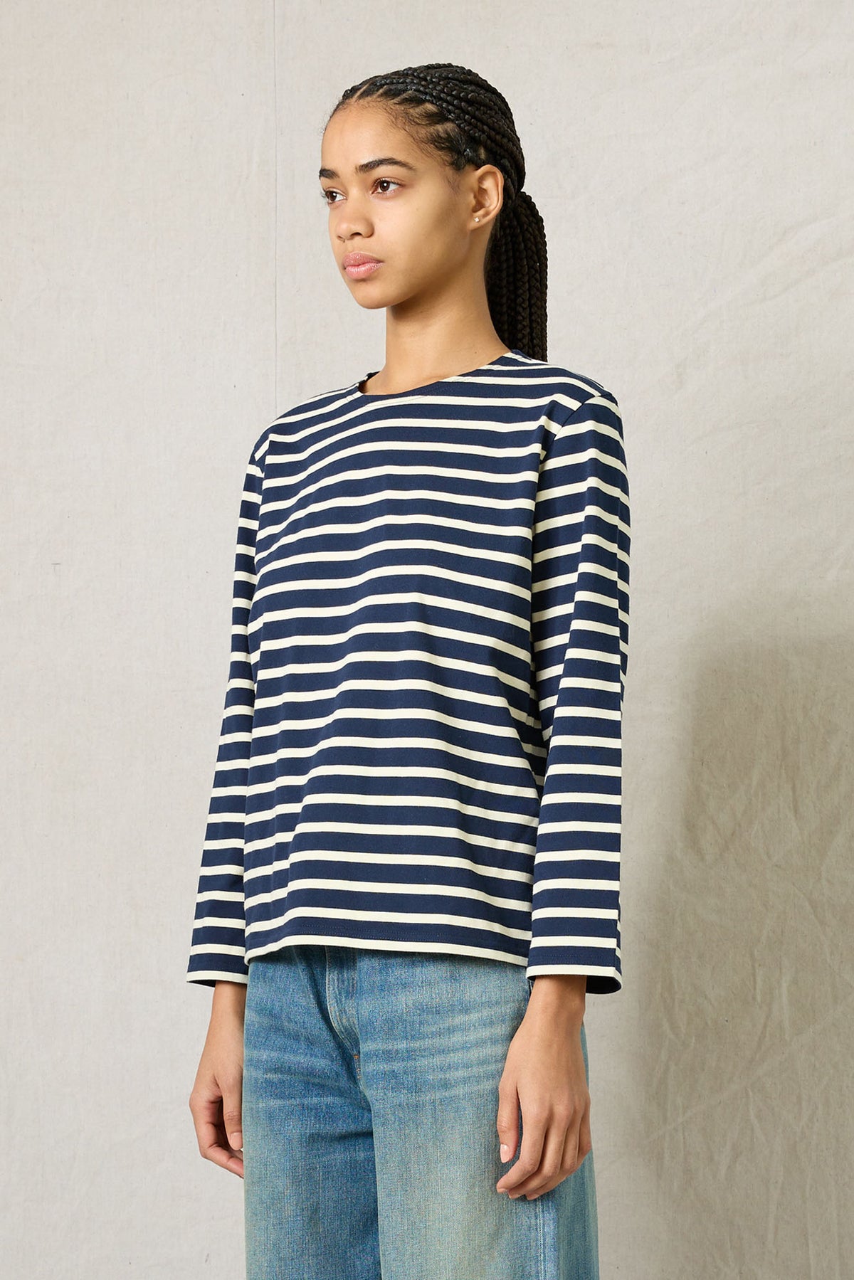 Long Sleeve Boatneck Tee - Wide Navy /Cream Stripe