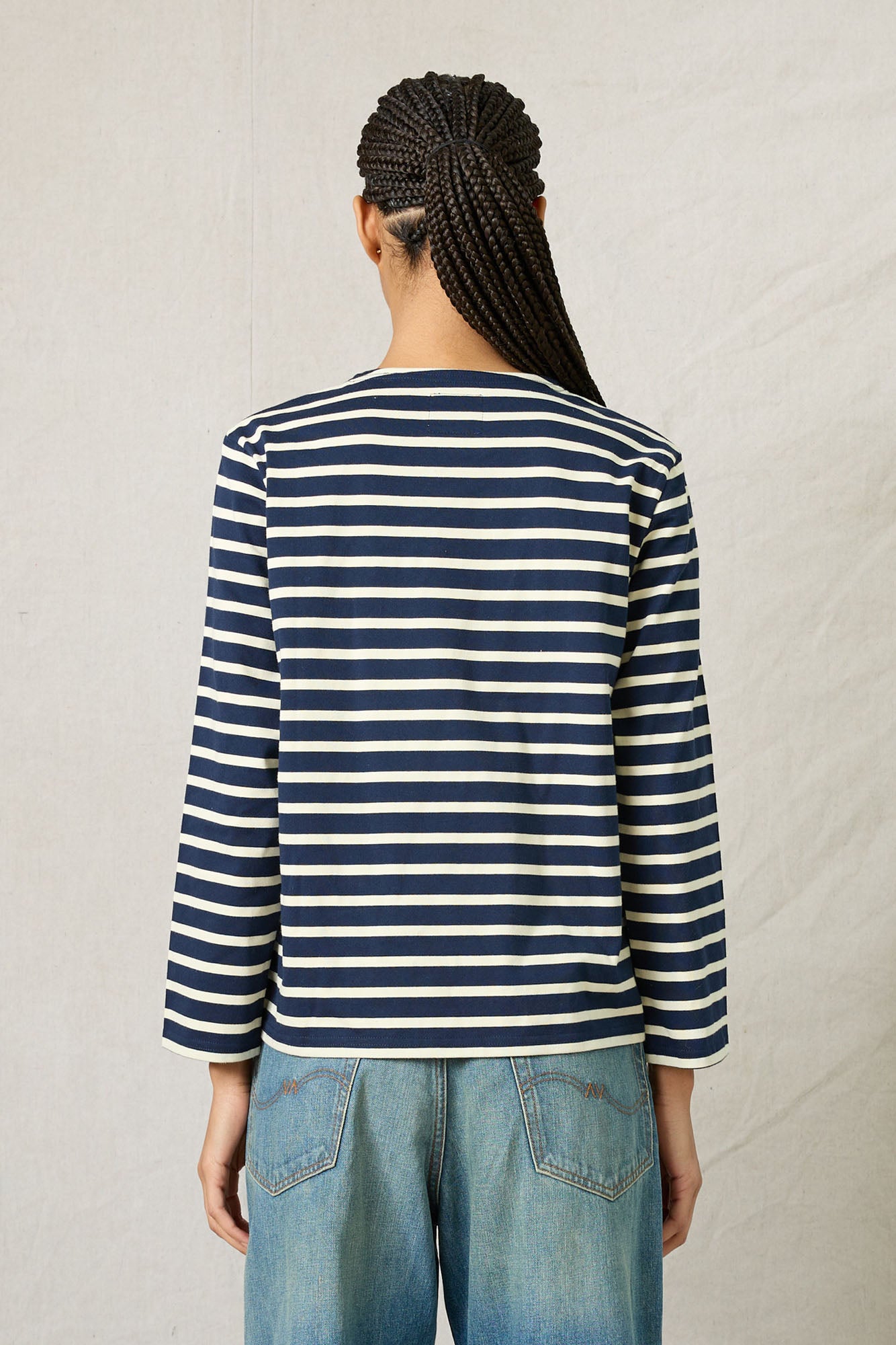 Long Sleeve Boatneck Tee - Wide Navy /Cream Stripe