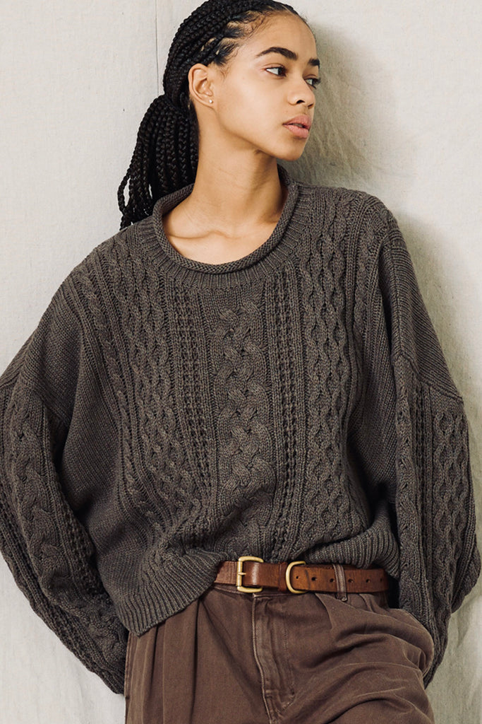 Aran Sweater W/ Rolled Neck - Medium Heather Brown