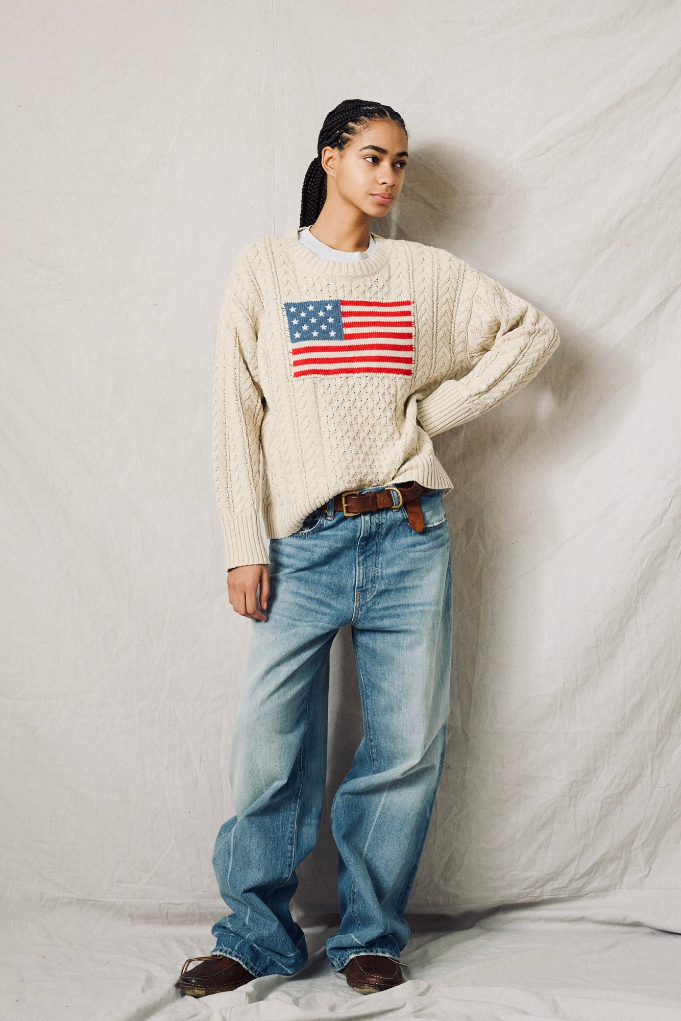 American Flag Easy Cable Sweater - Oatmeal
