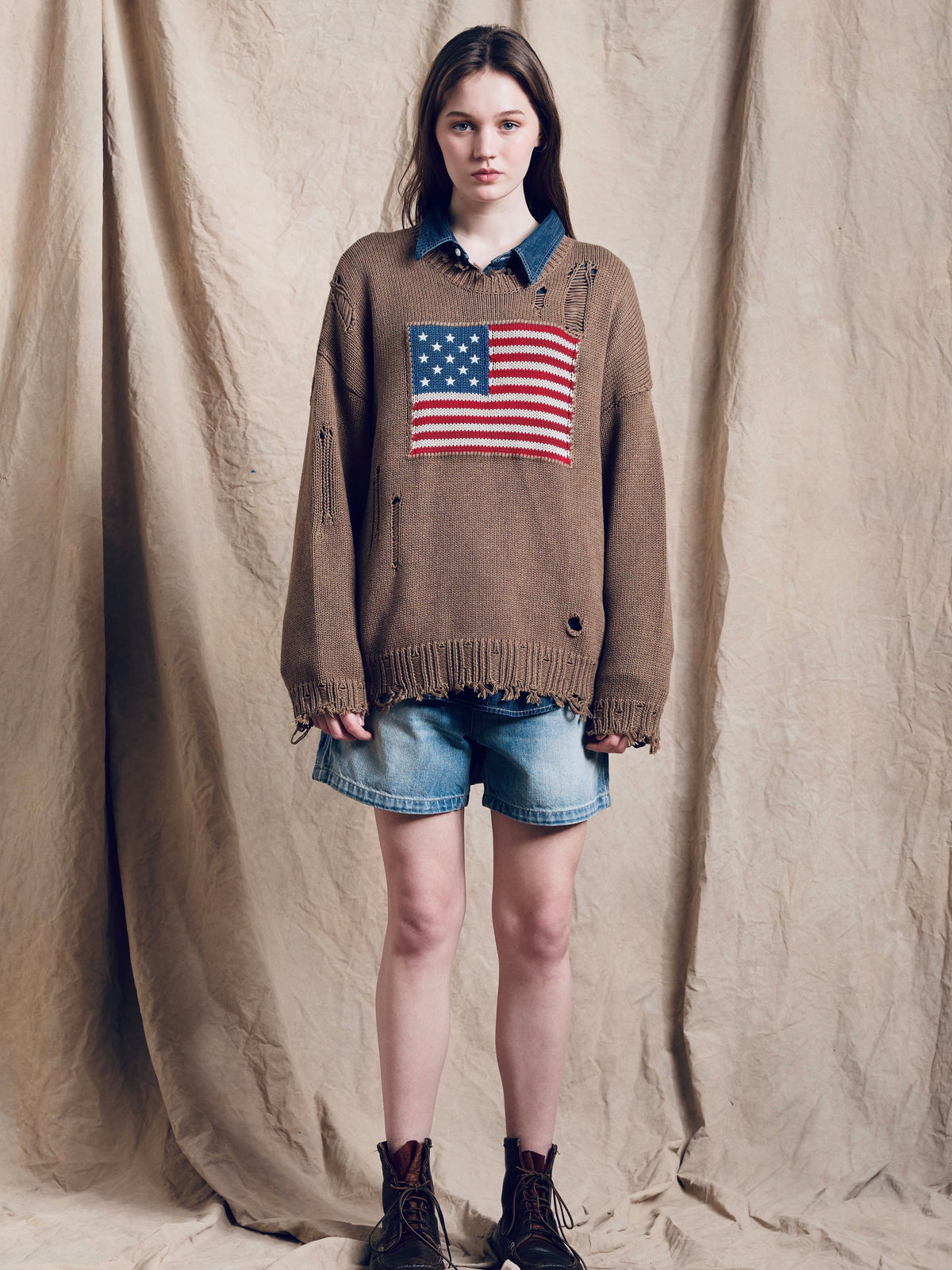 American Flag Sweater - Light Heather Brown
