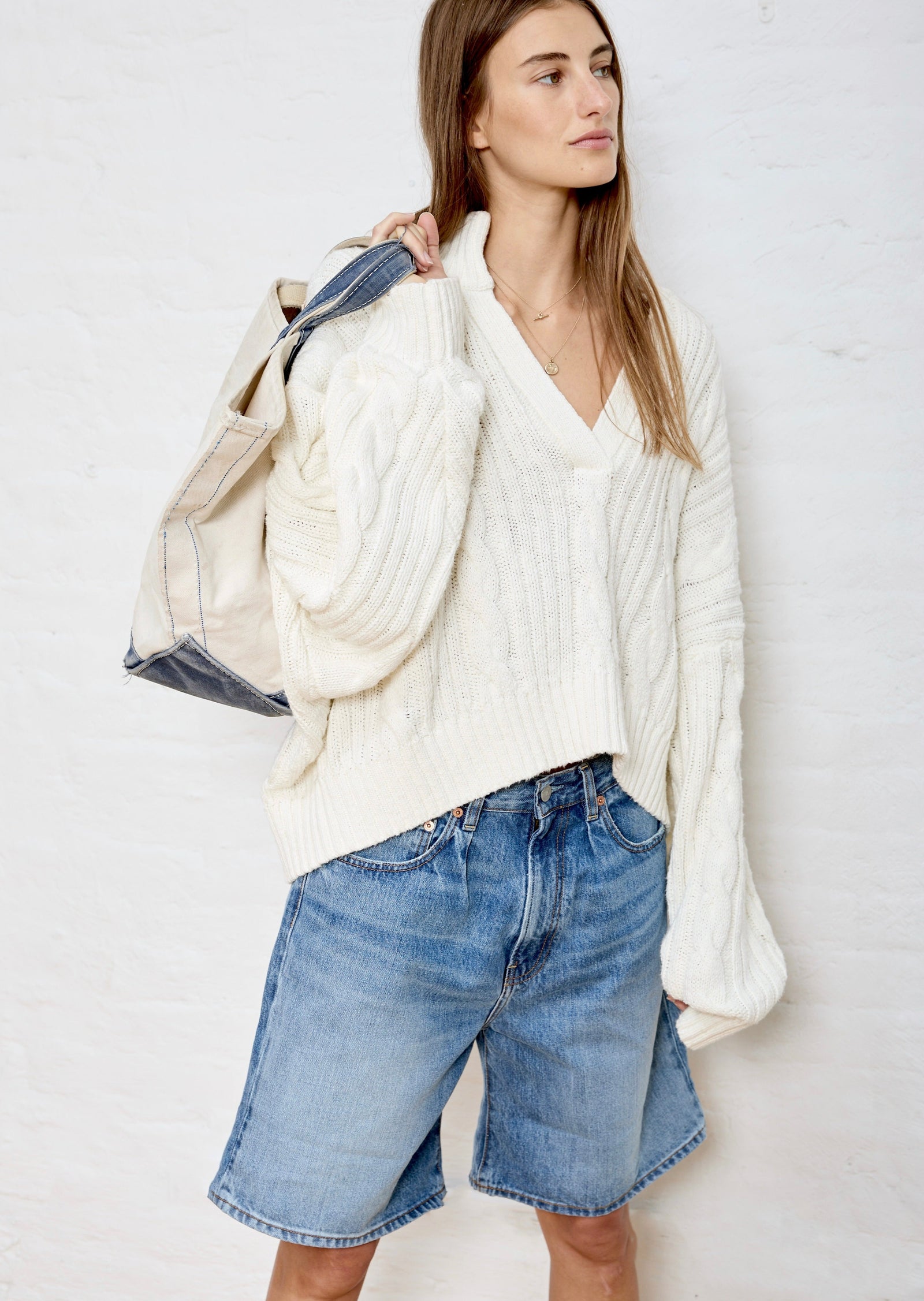 Split Neck Cable Sweater - White