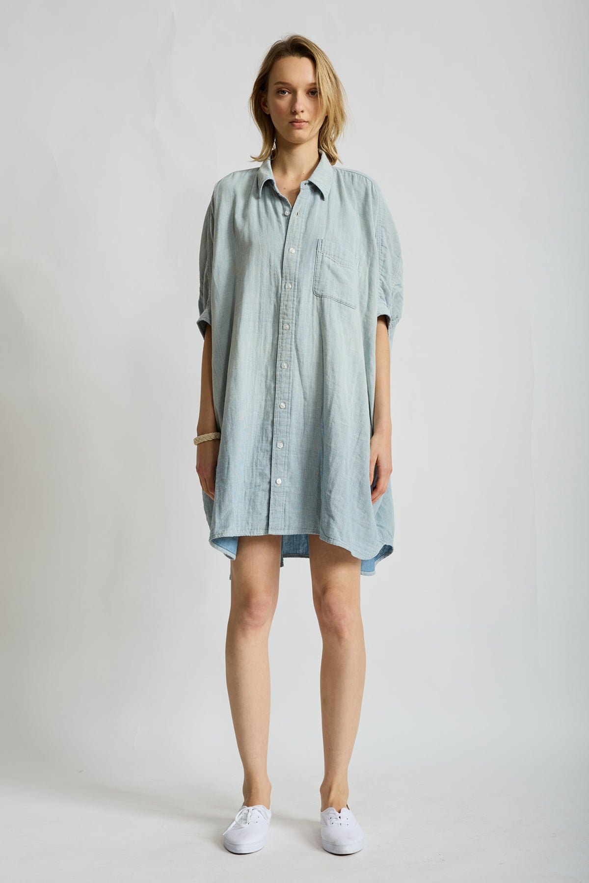 Oversized Cuffed Shirtdress - Double Cloth Indigo Stripe