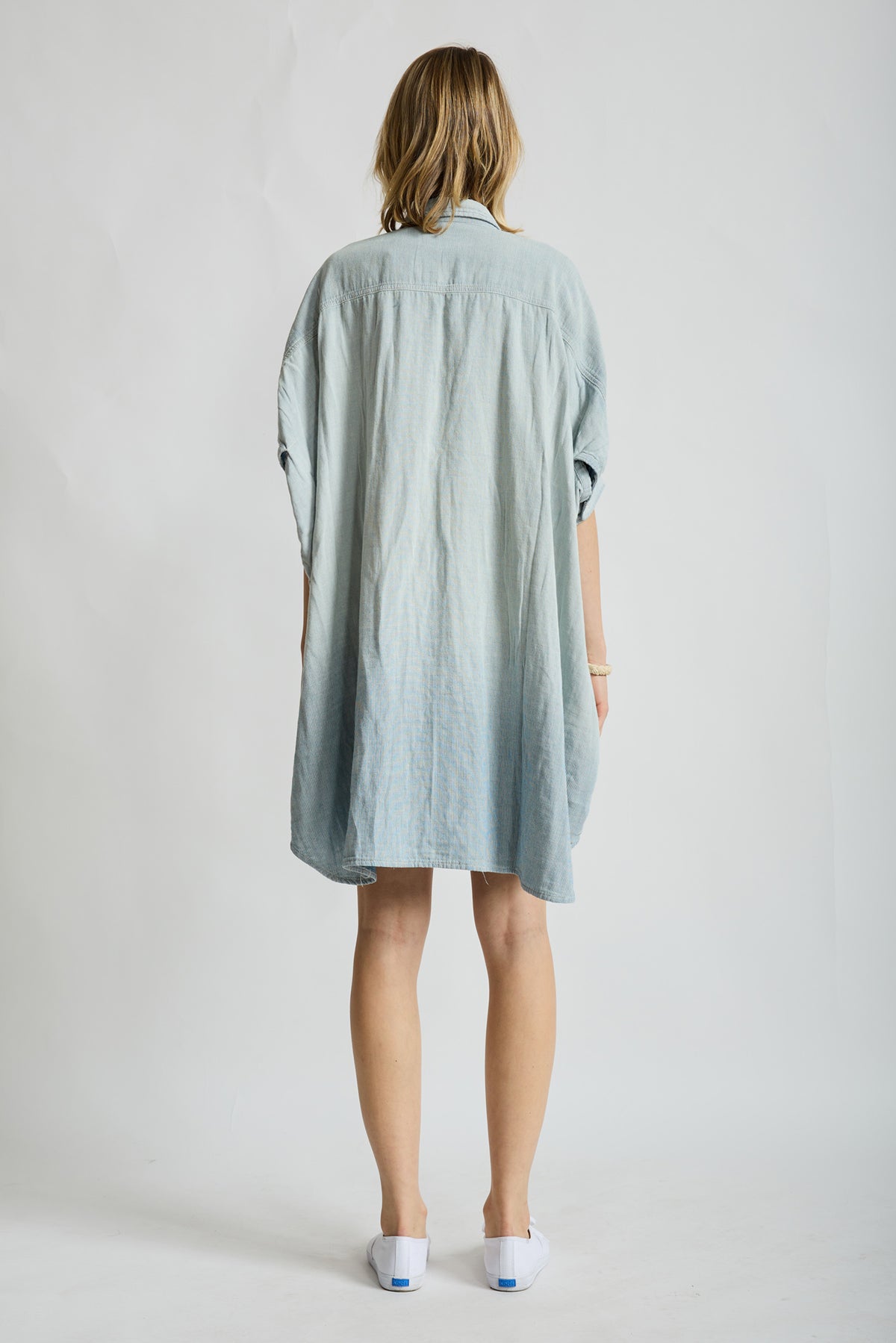 Oversized Cuffed Shirtdress - Double Cloth Indigo Stripe