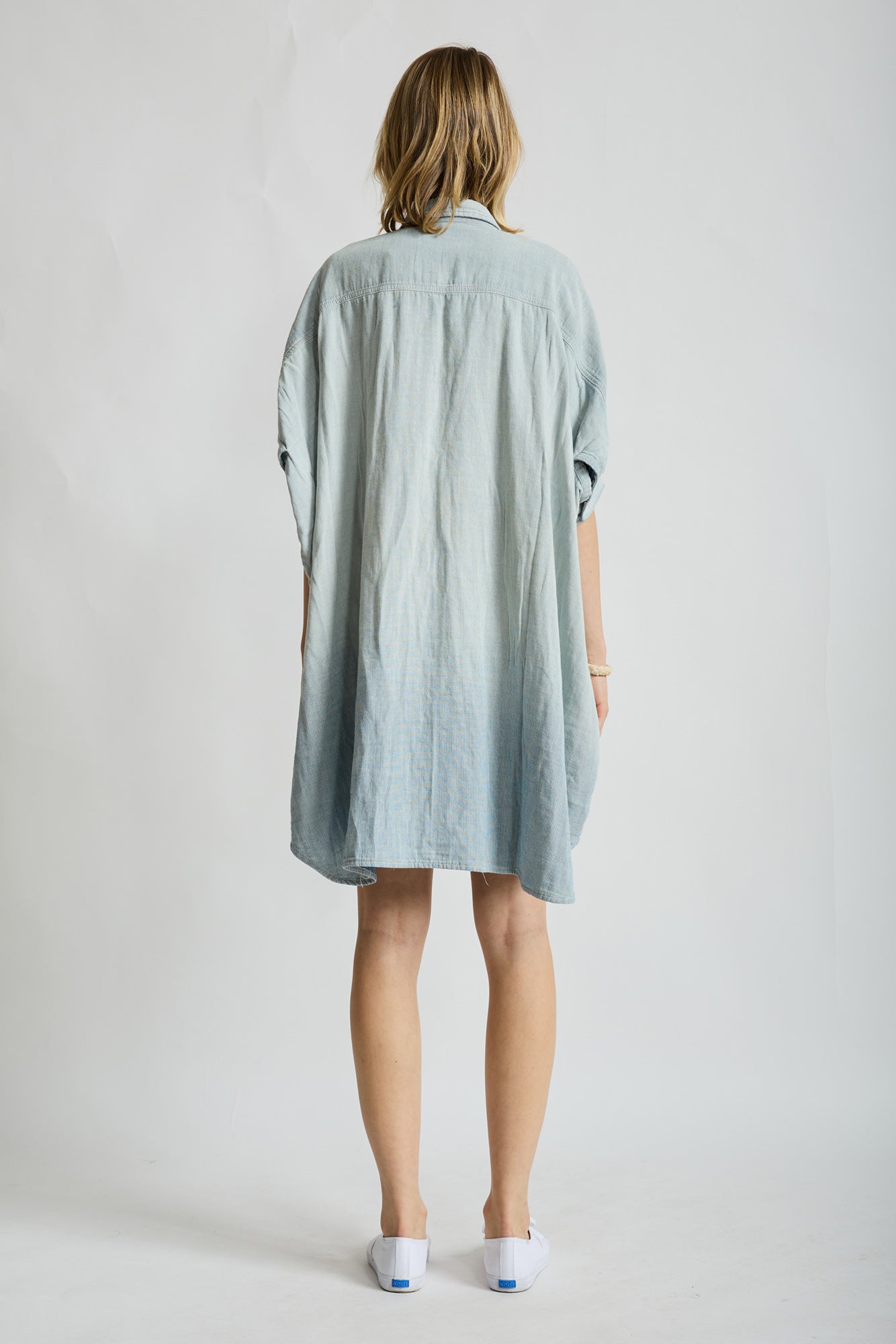 Oversized Cuffed Shirtdress - Double Cloth Indigo Stripe