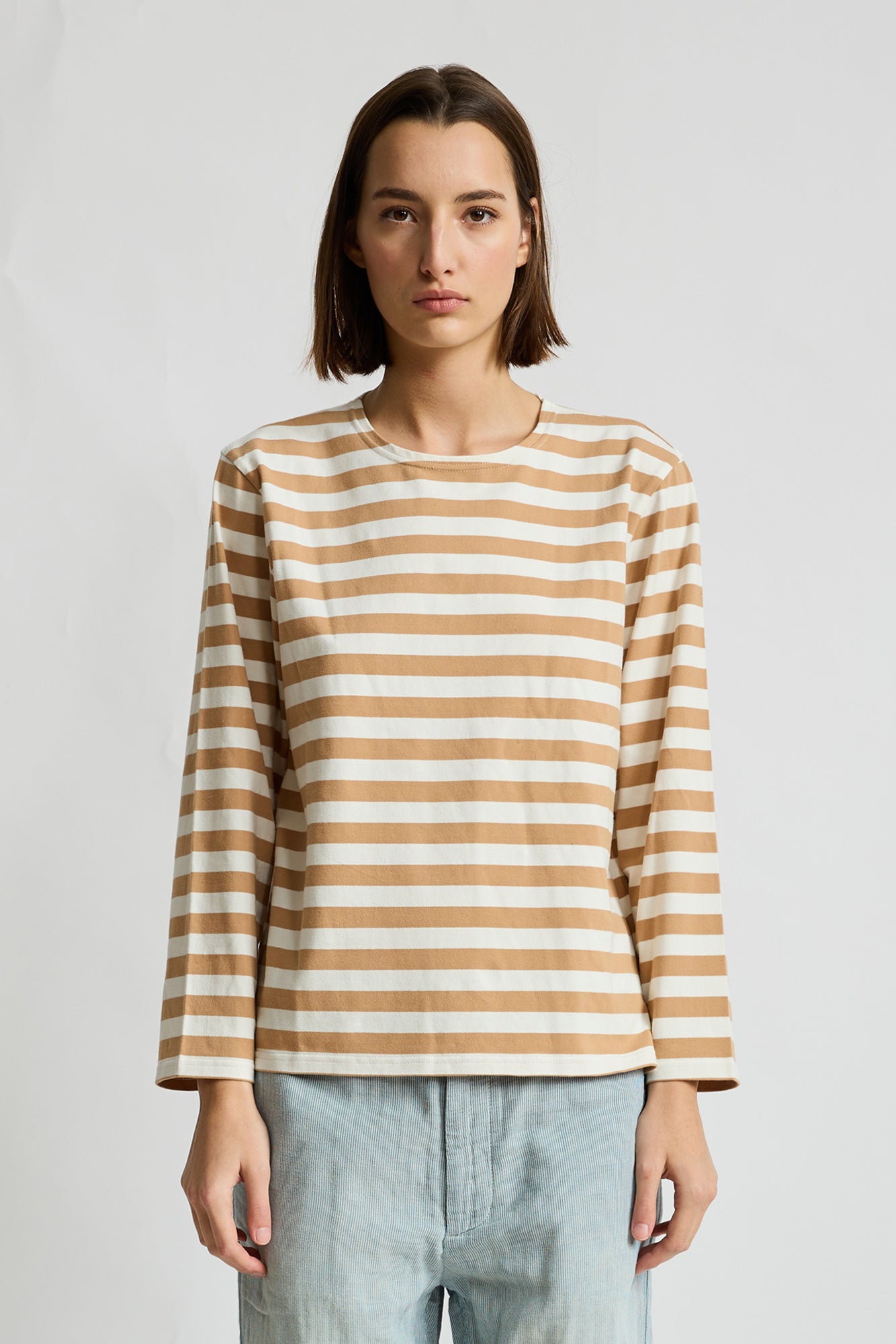Mills Pond Striped Tee - Wide Light Brown Stripe