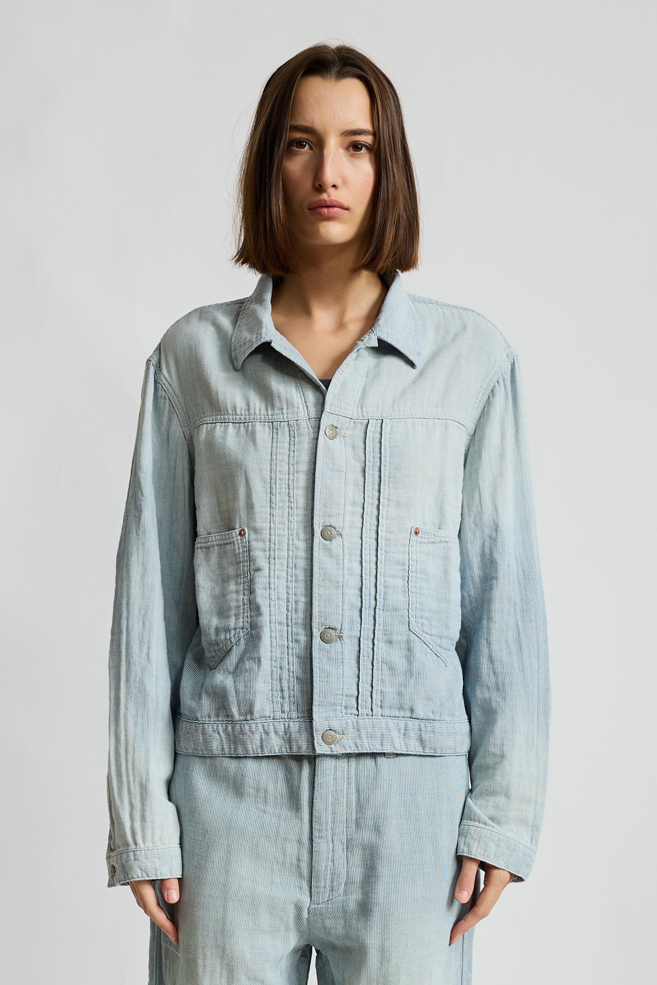 Boxy Pleated Trucker Jacket - Double Cloth Indigo Stripe
