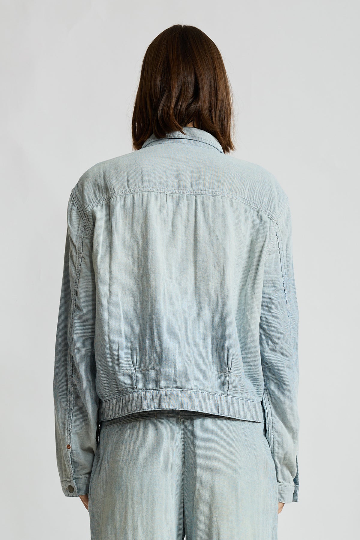 Boxy Pleated Trucker Jacket - Double Cloth Indigo Stripe