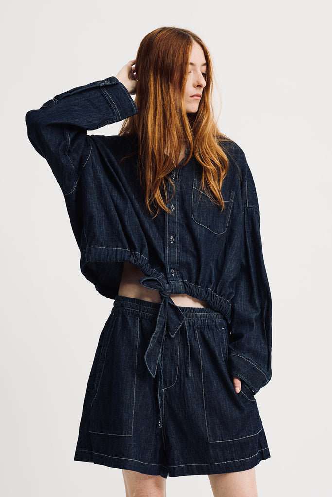 Long Sleeved Front Tie Shirt - Drapey Rinse Indigo