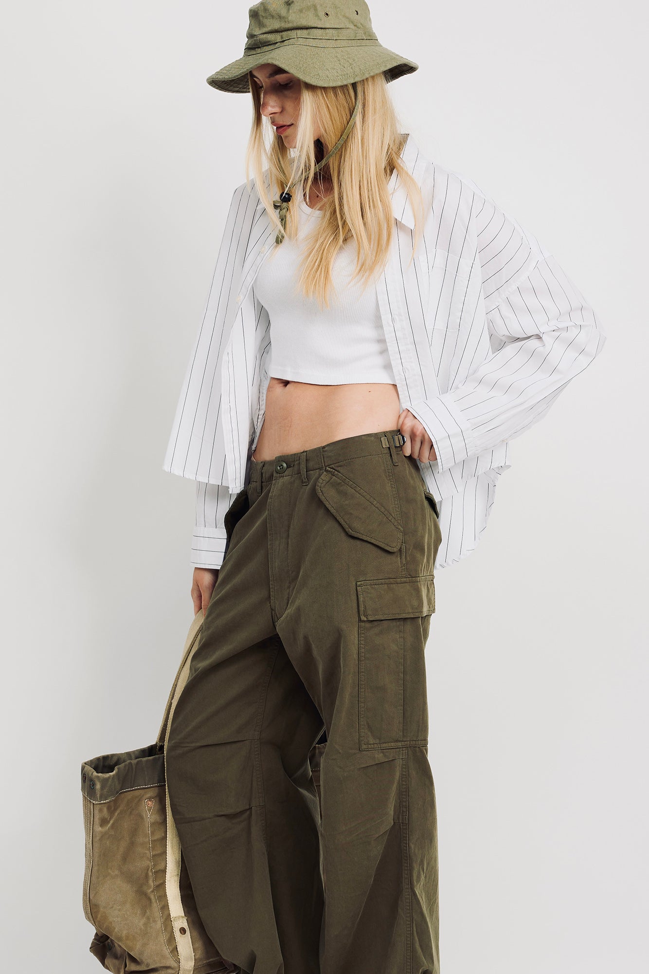 Cropped Shirt - Ecru White Black Wide Pinstripe