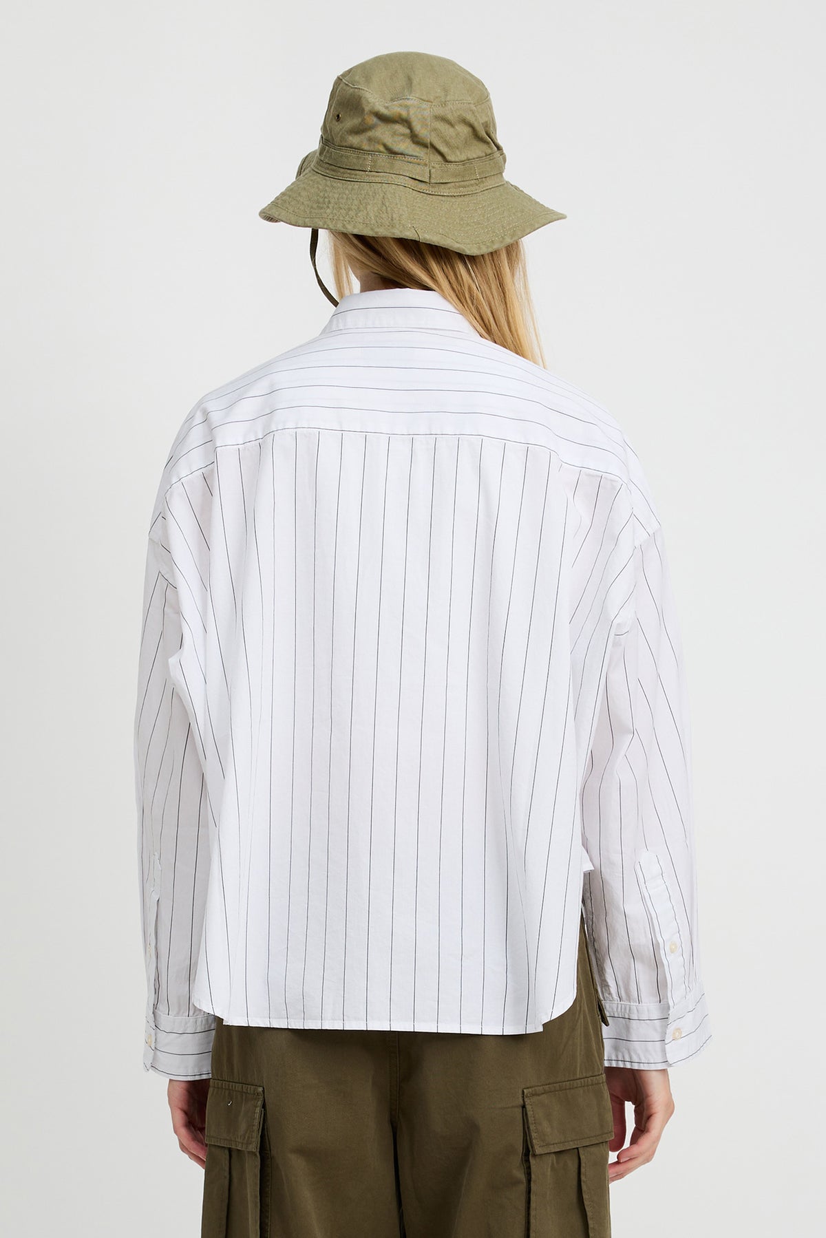 Cropped Shirt - Ecru White Black Wide Pinstripe