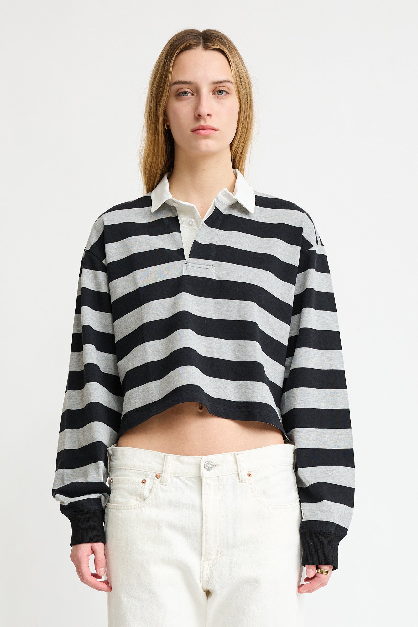 Rugby Long Sleeve Tee - Light Heather Grey/Black Wide Stripe