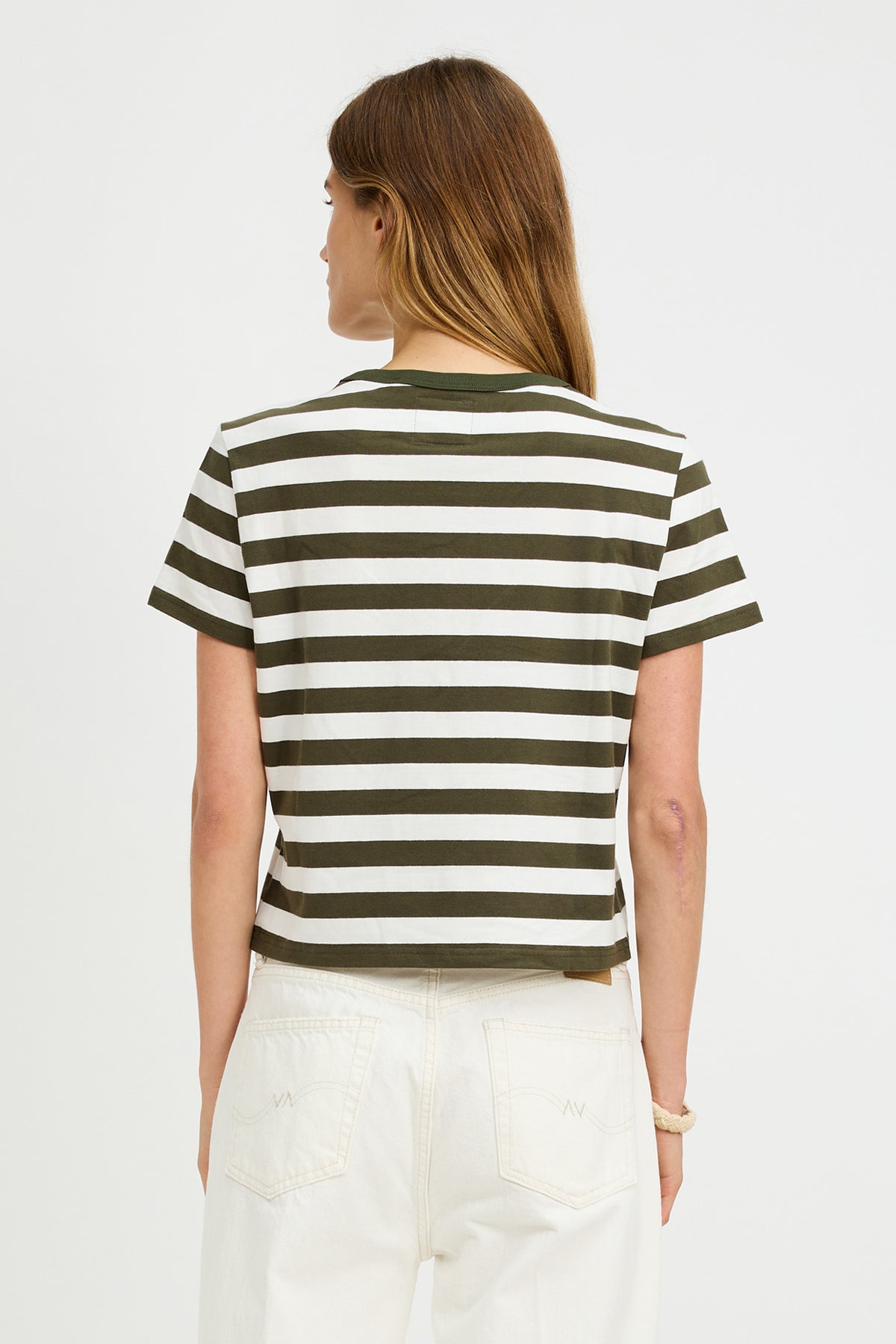 Striped Baby Tee - Dark Olive Green Ecru Wide Stripe