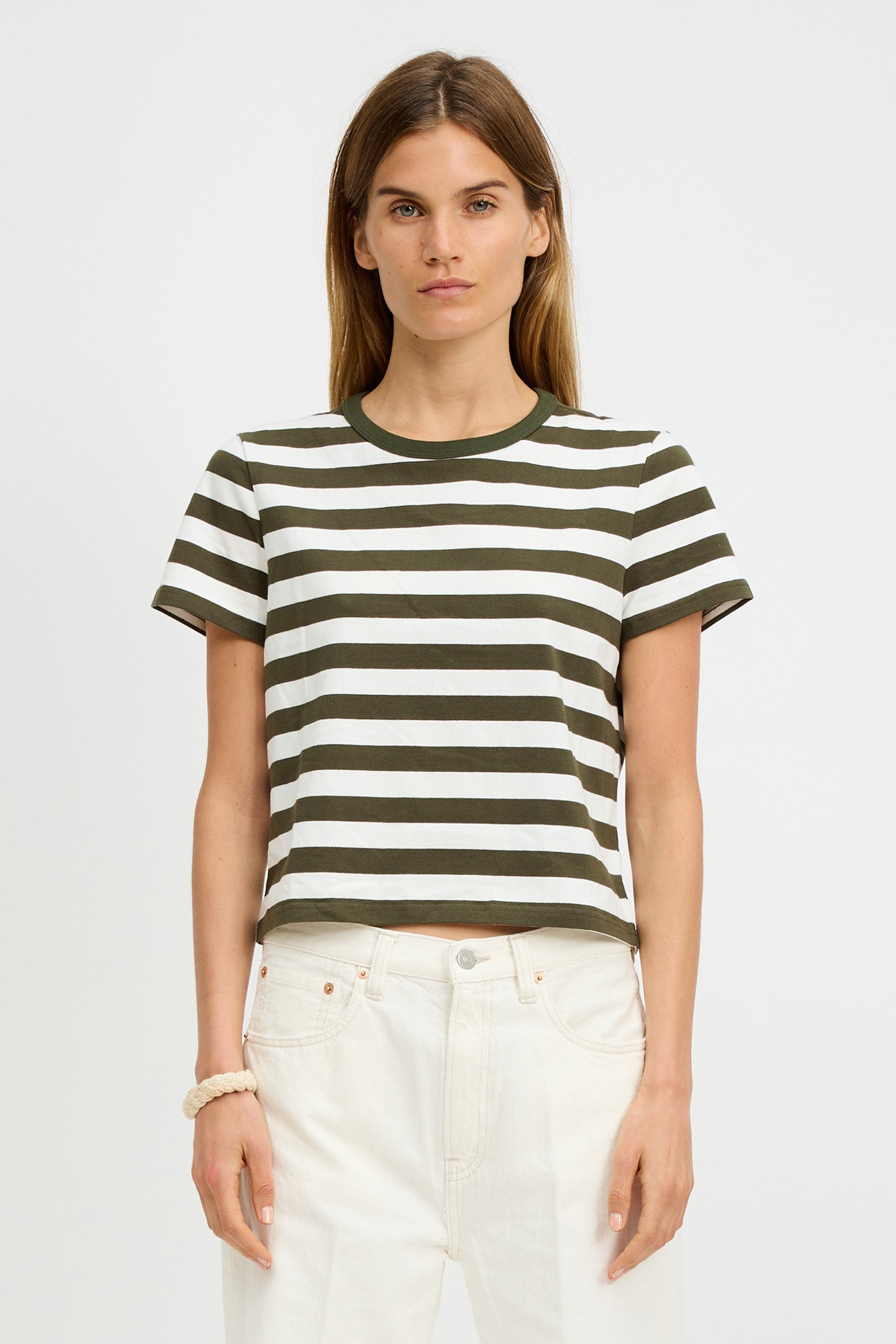 Striped Baby Tee - Dark Olive Green Ecru Wide Stripe