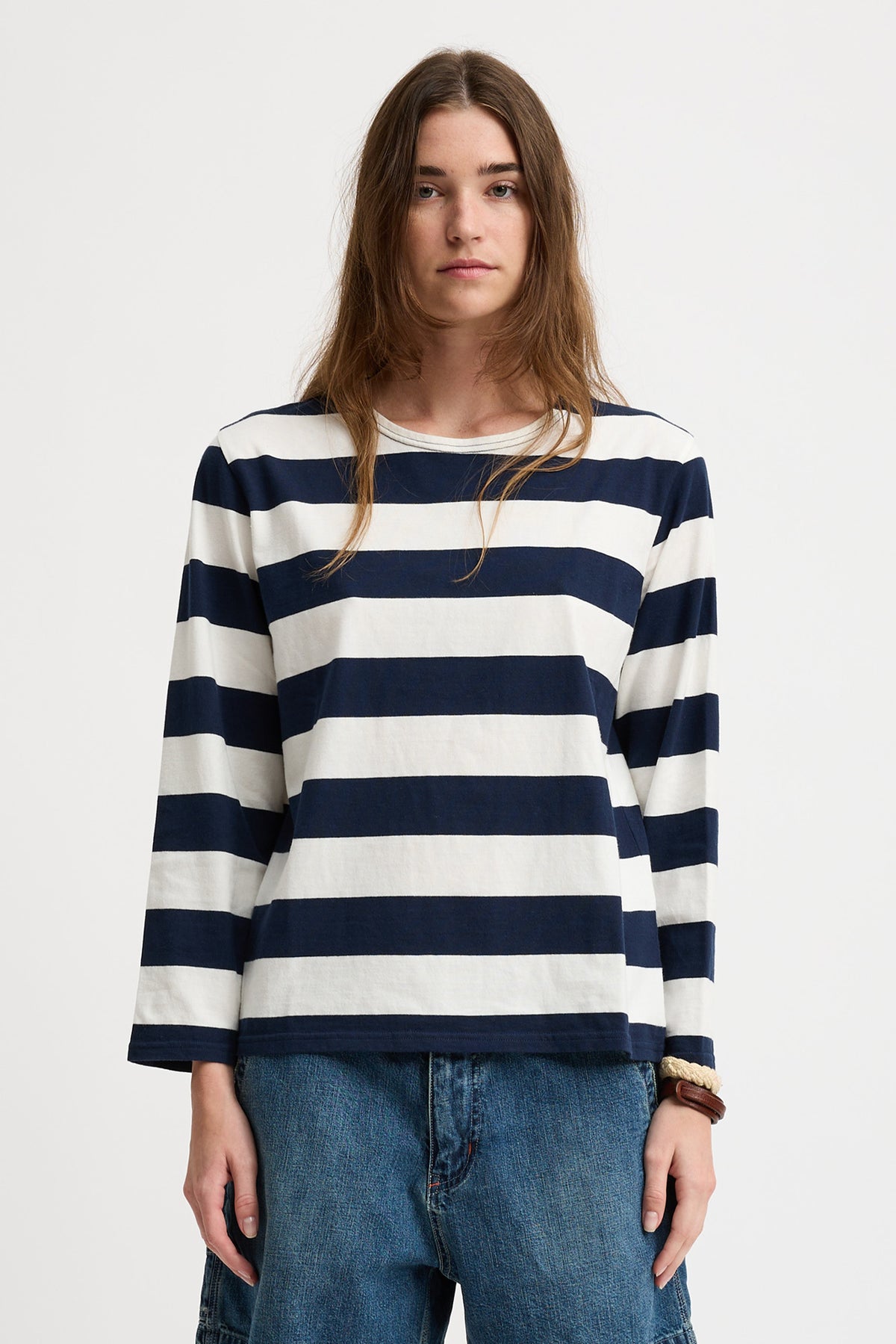 Long Sleeved Boatneck Tee - Jumbo Navy/White Stripe