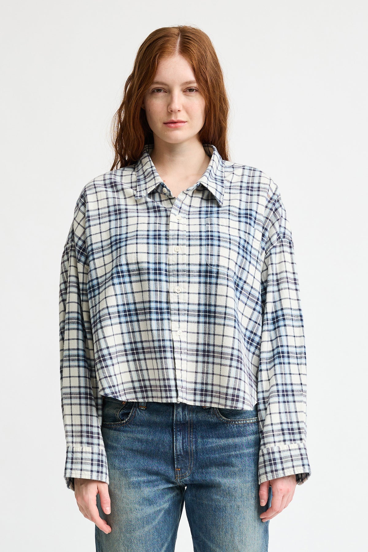 Cropped Button Front Shirt - Ecru/Light Blue Plaid