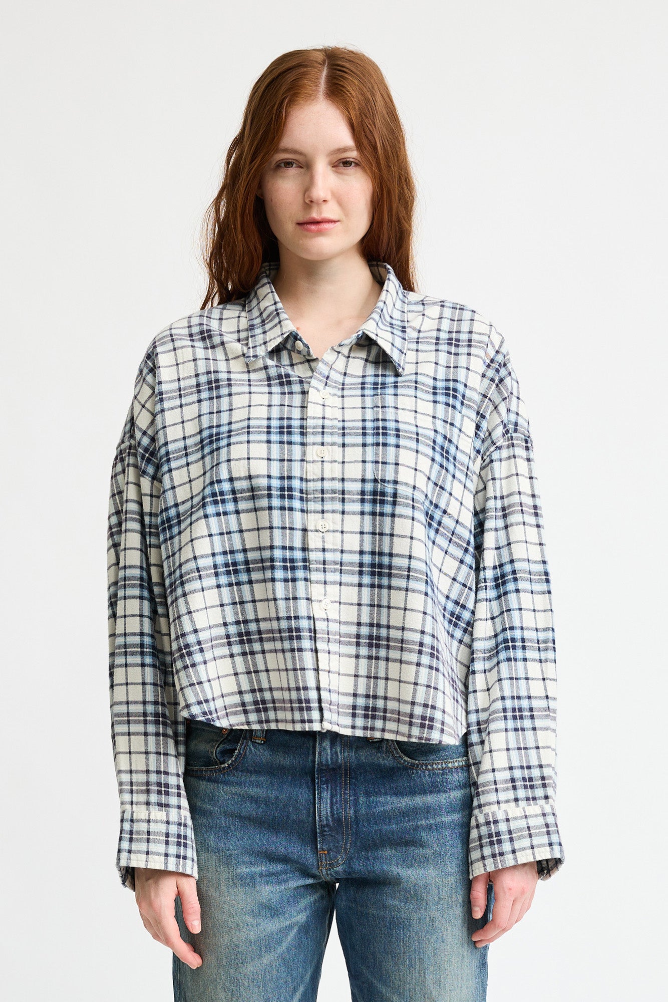 Cropped Button Front Shirt - Ecru/Light Blue Plaid