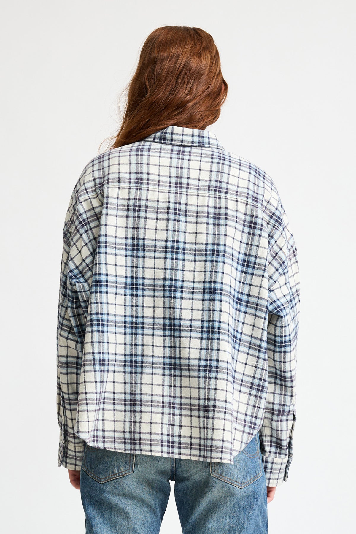 Cropped Button Front Shirt - Ecru/Light Blue Plaid