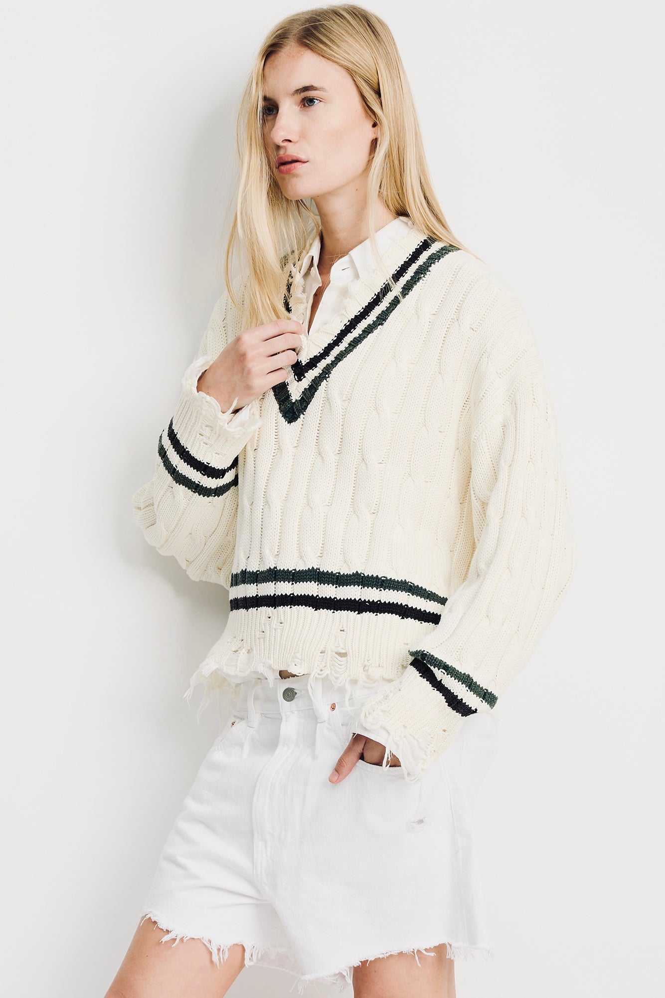 Oversized Cropped Cable Tennis Sweater - Cream White Black Green Stripes