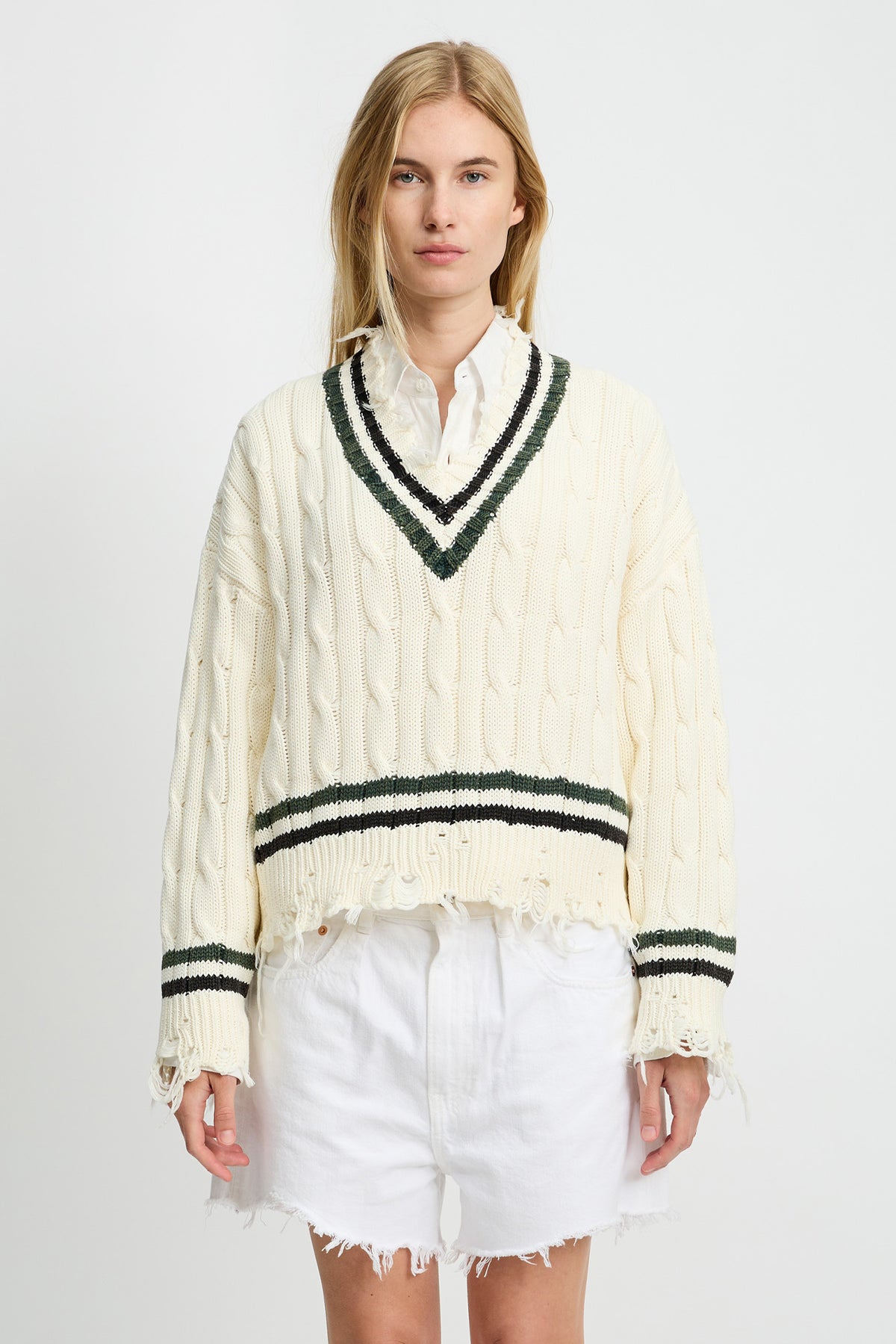 Oversized Cropped Cable Tennis Sweater - Cream White Black Green Stripes