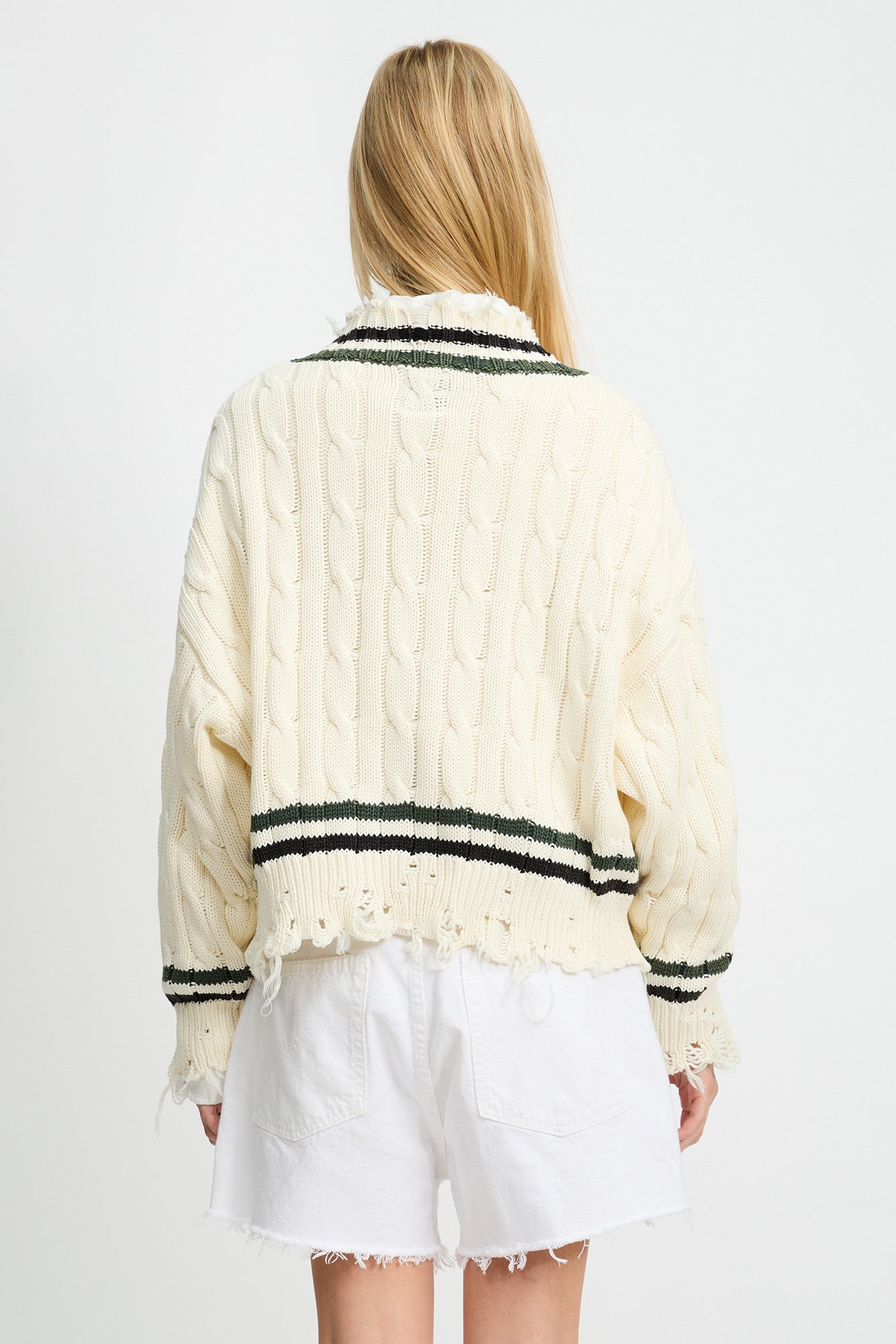 Oversized Cropped Cable Tennis Sweater - Cream White Black Green Stripes