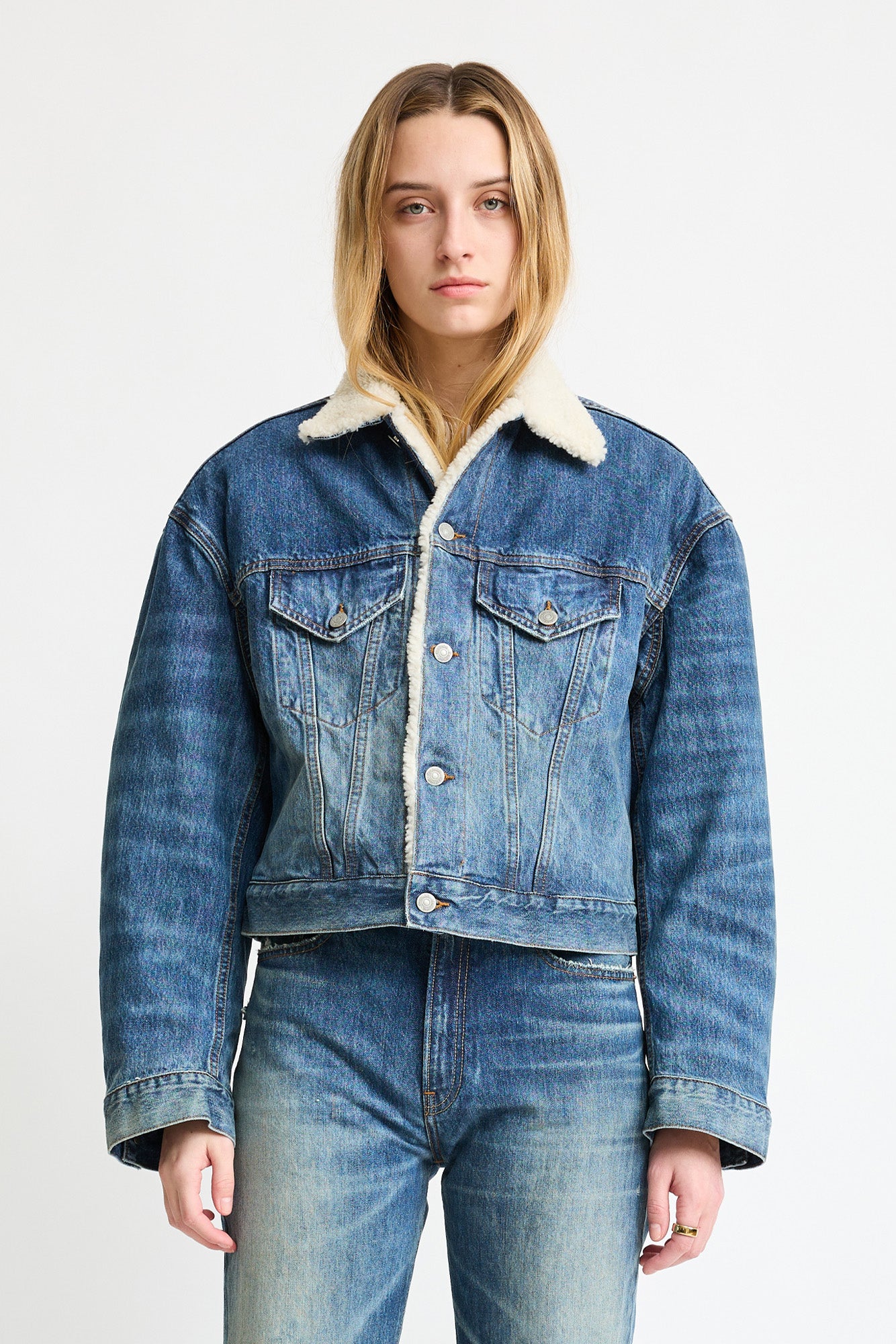 Iris Boxy Trucker Jacket - Fenmore Blue W/Sherpa Lining