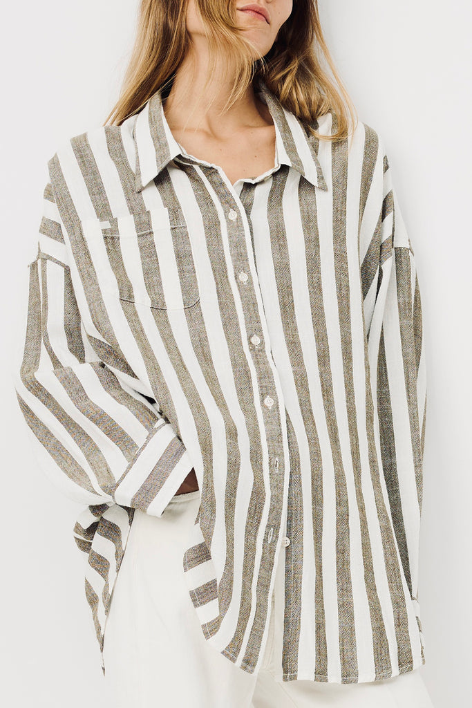 Button Front Shirt - Jumbo Olive Green Ecru Stripe