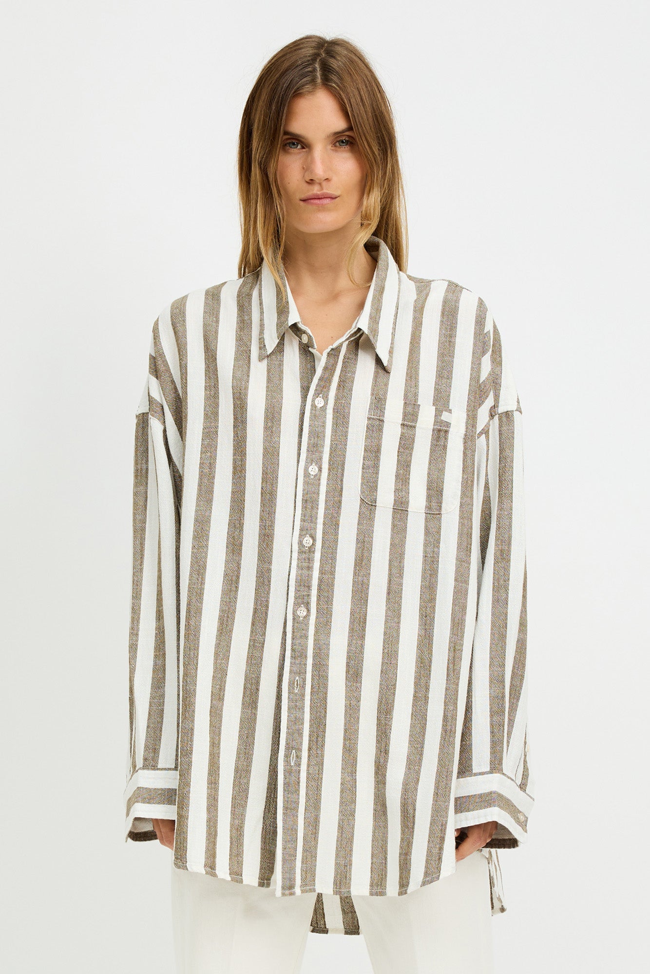 Button Front Shirt - Jumbo Olive Green Ecru Stripe