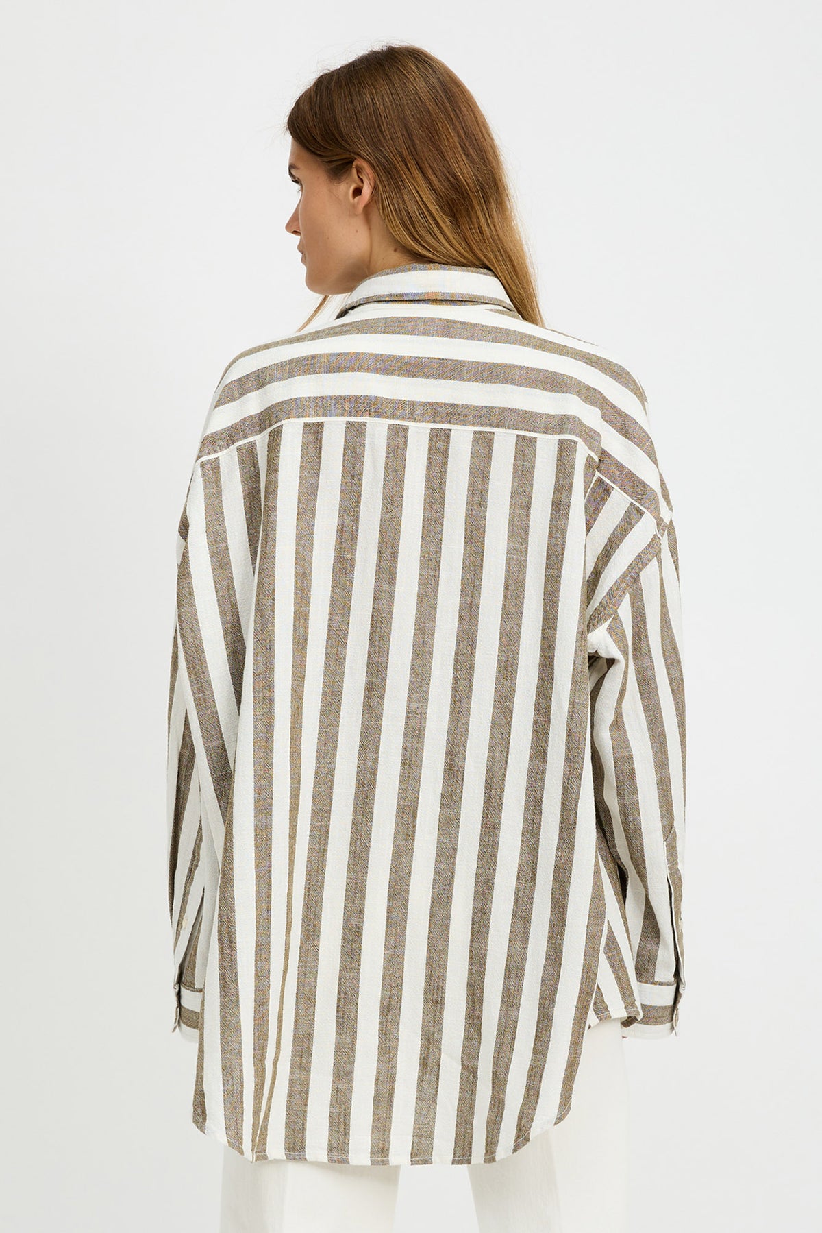 Button Front Shirt - Jumbo Olive Green Ecru Stripe