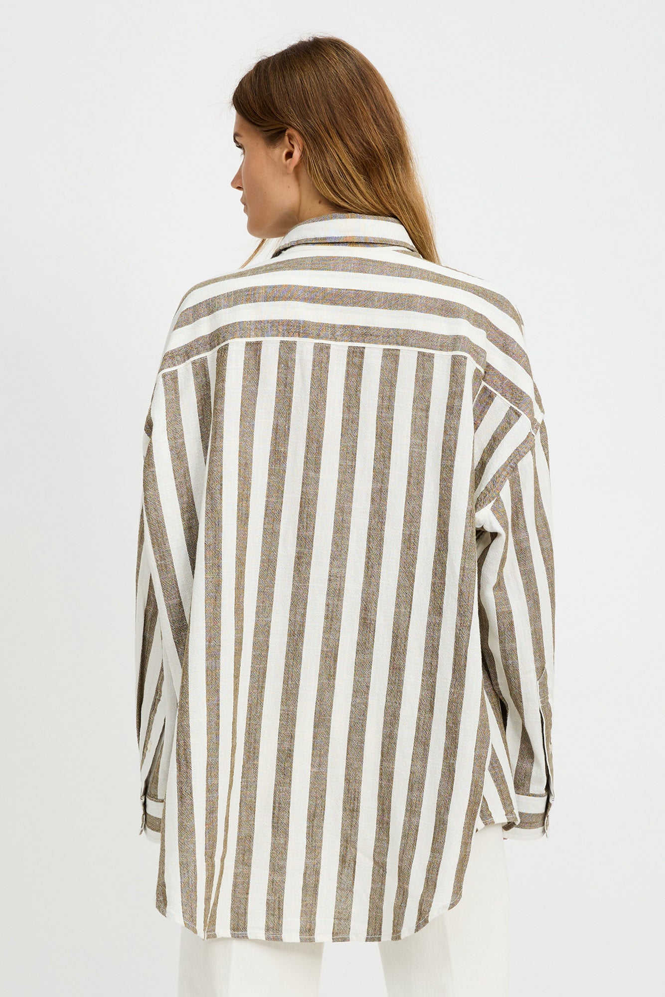 Button Front Shirt - Jumbo Olive Green Ecru Stripe