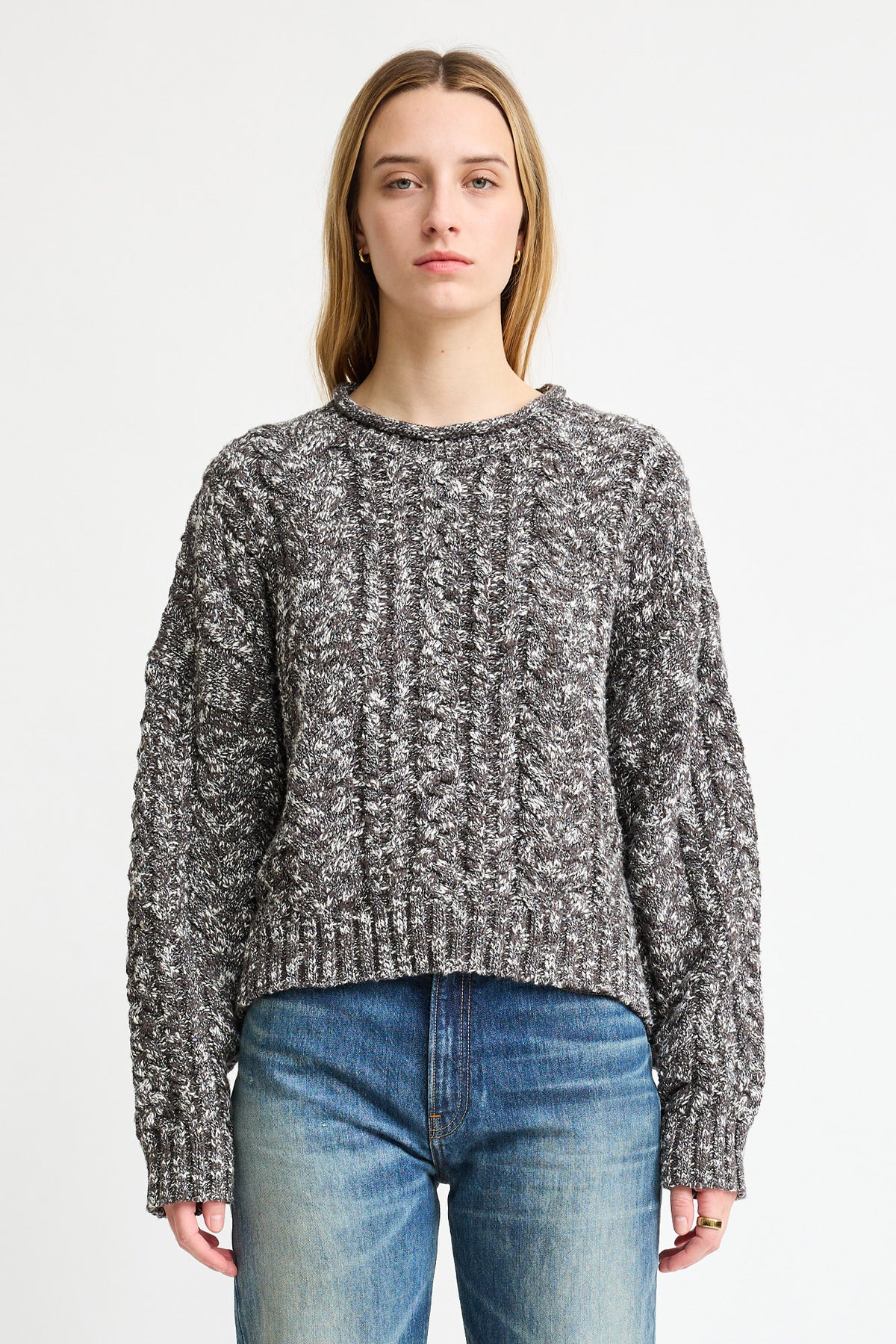 Cable Sweater W/Rolled Neck - Marled Charcoal Grey