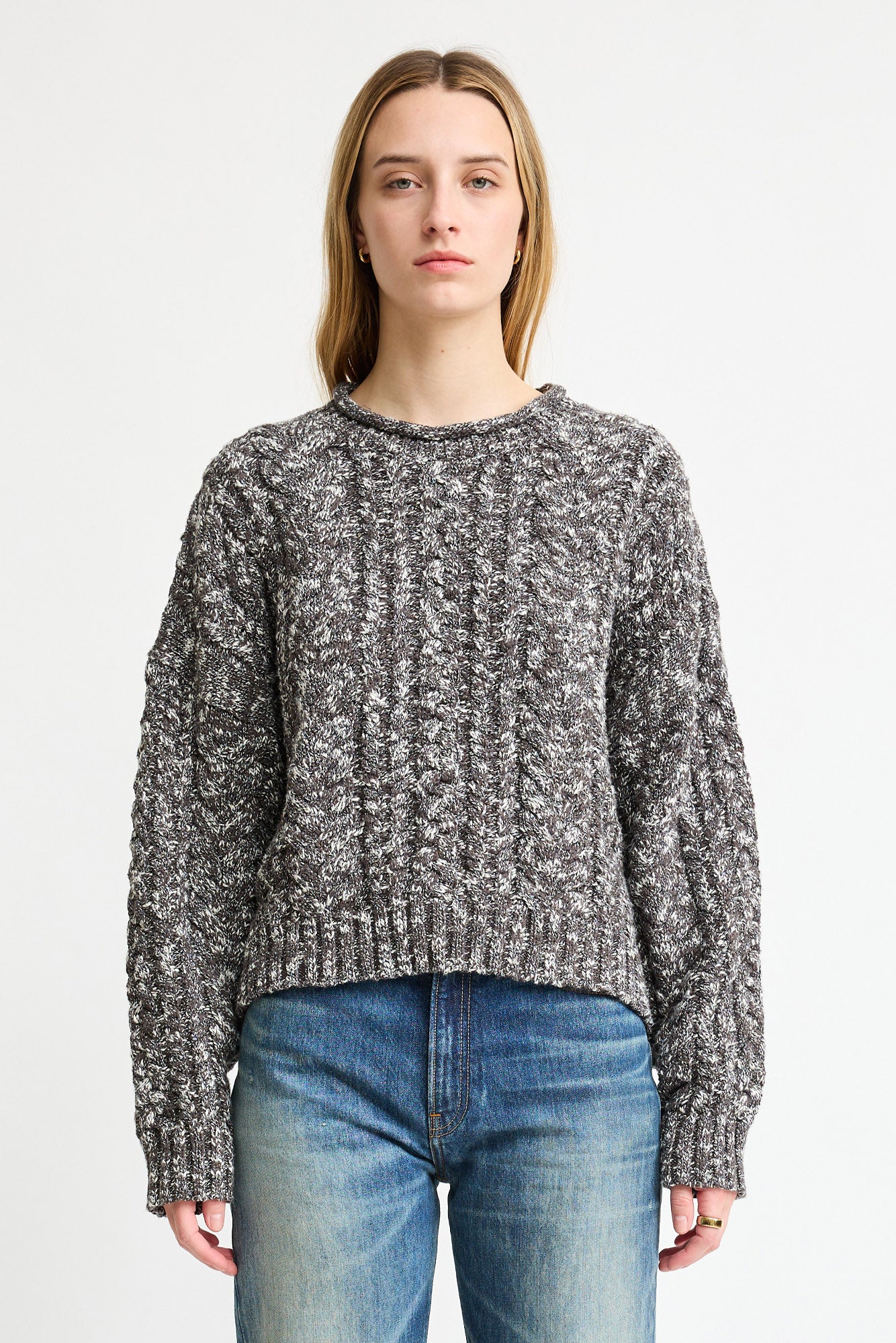 Cable Sweater W/Rolled Neck - Marled Charcoal Grey
