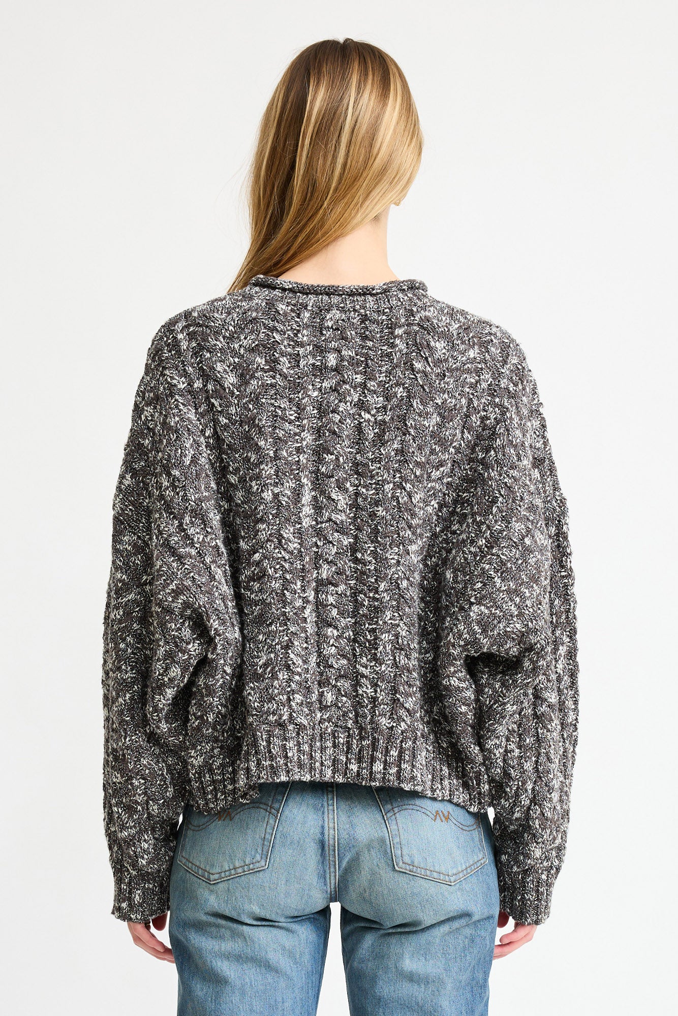 Cable Sweater W/Rolled Neck - Marled Charcoal Grey