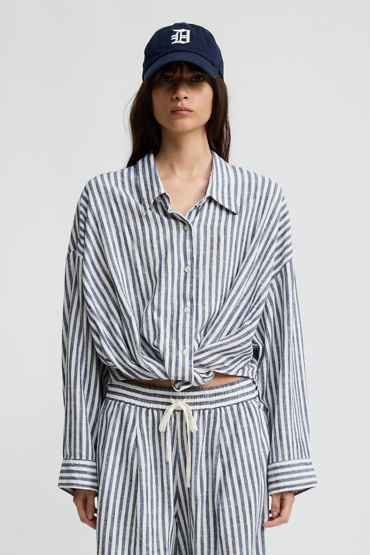 Twisted Front Shirt - Ecru/ Navy Stripe
