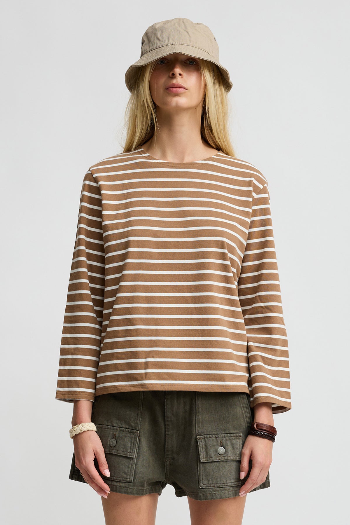 Long Sleeved Boatneck Tee - Light Brown With White Stripe
