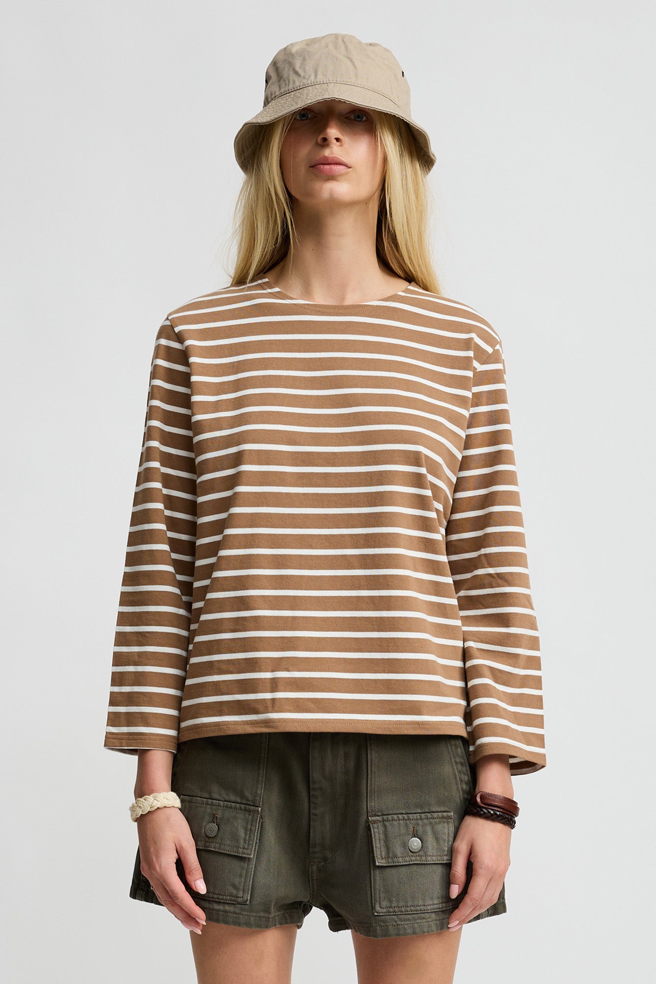 Long Sleeved Boatneck Tee - Light Brown With White Stripe