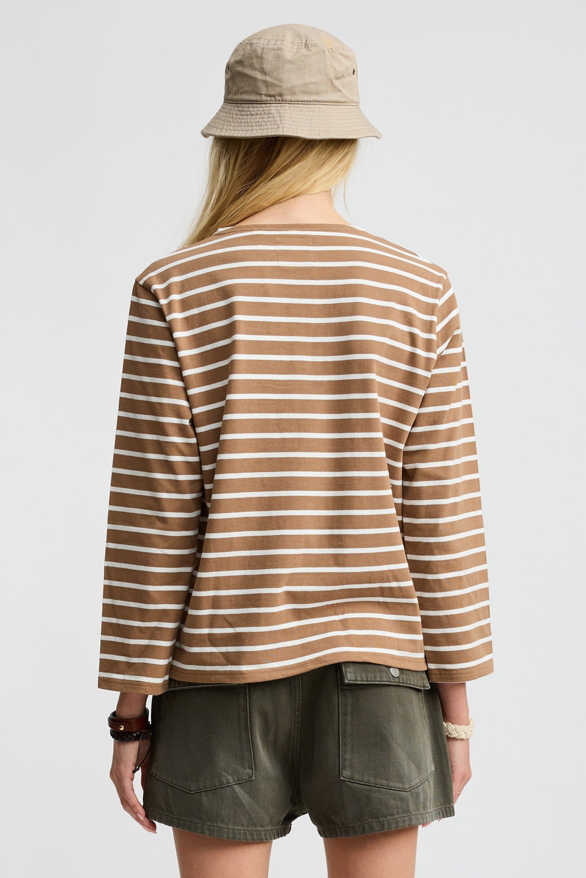 Long Sleeved Boatneck Tee - Light Brown With White Stripe