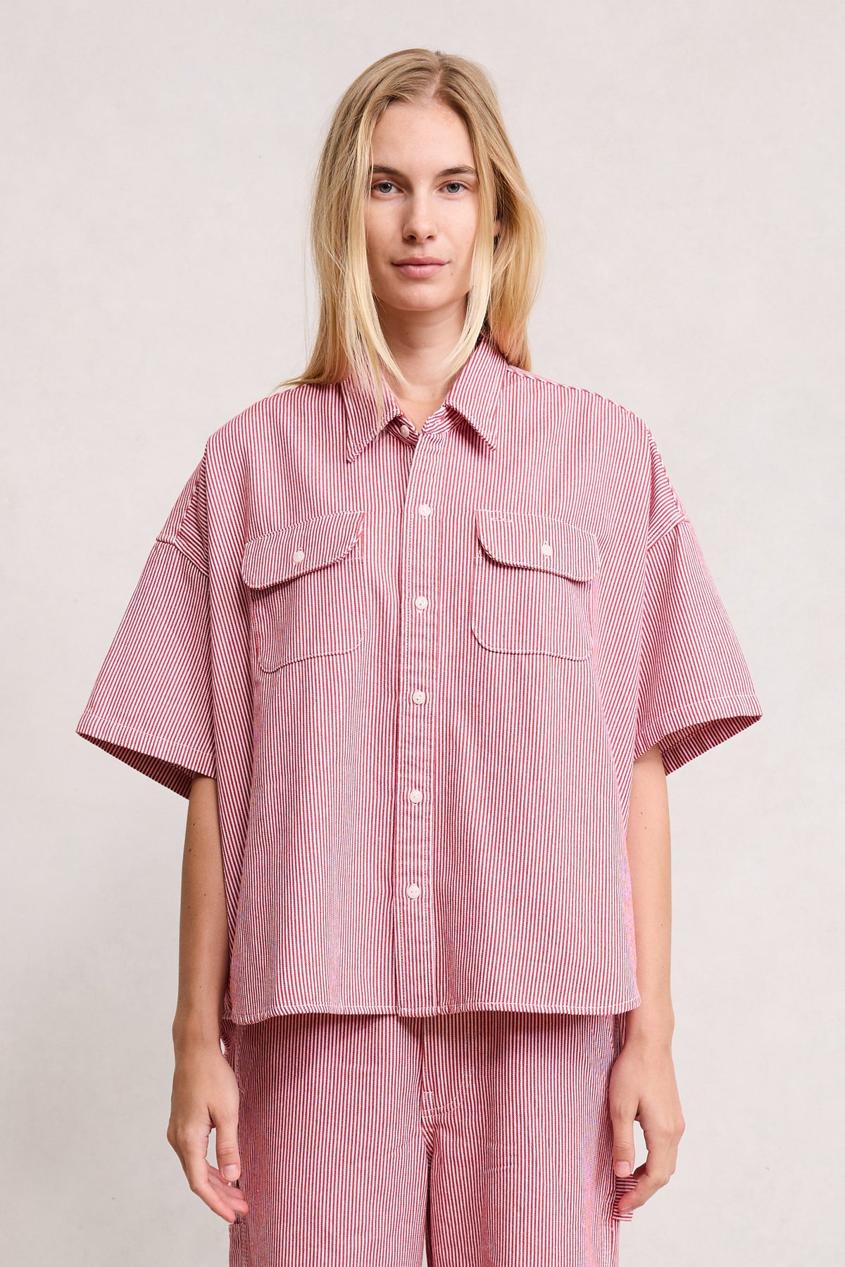 Short Sleeve Button Down Workshirt - Red Railroad Stripe