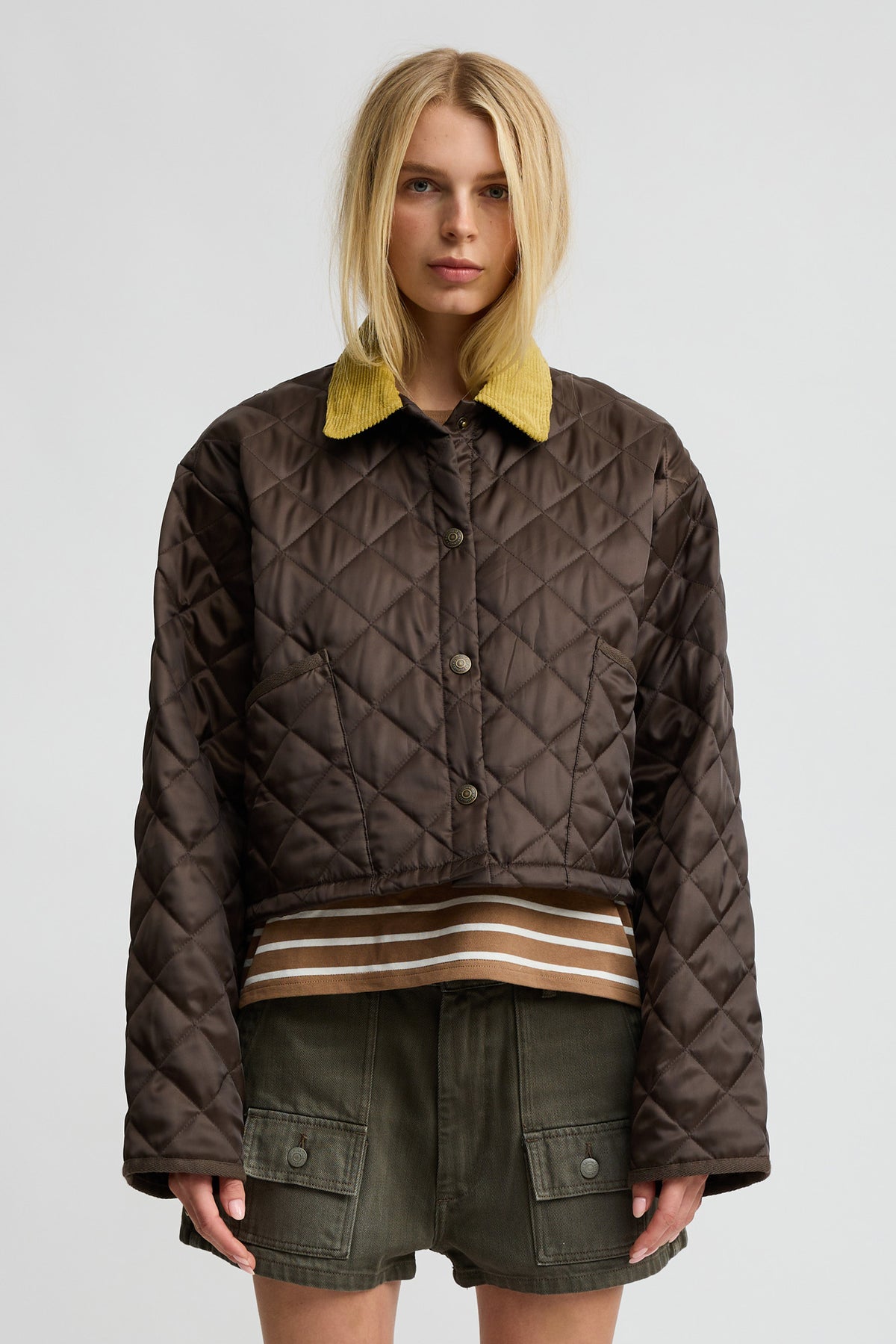 Cropped Quilted Jacket - Brown