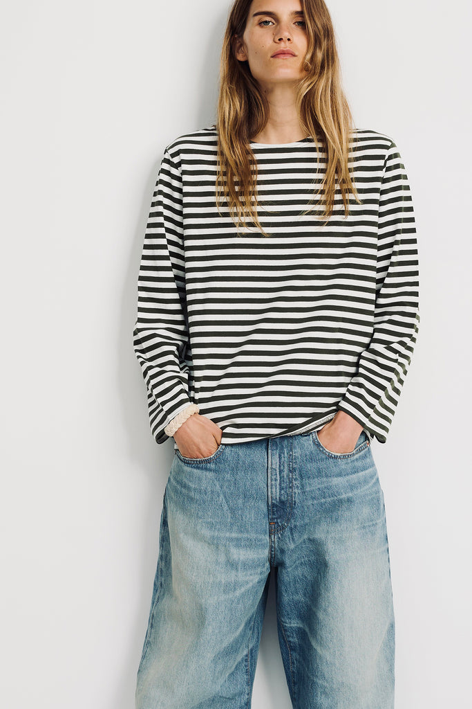 Long Sleeve Boatneck Tee - Olive Green Ecru Stripe