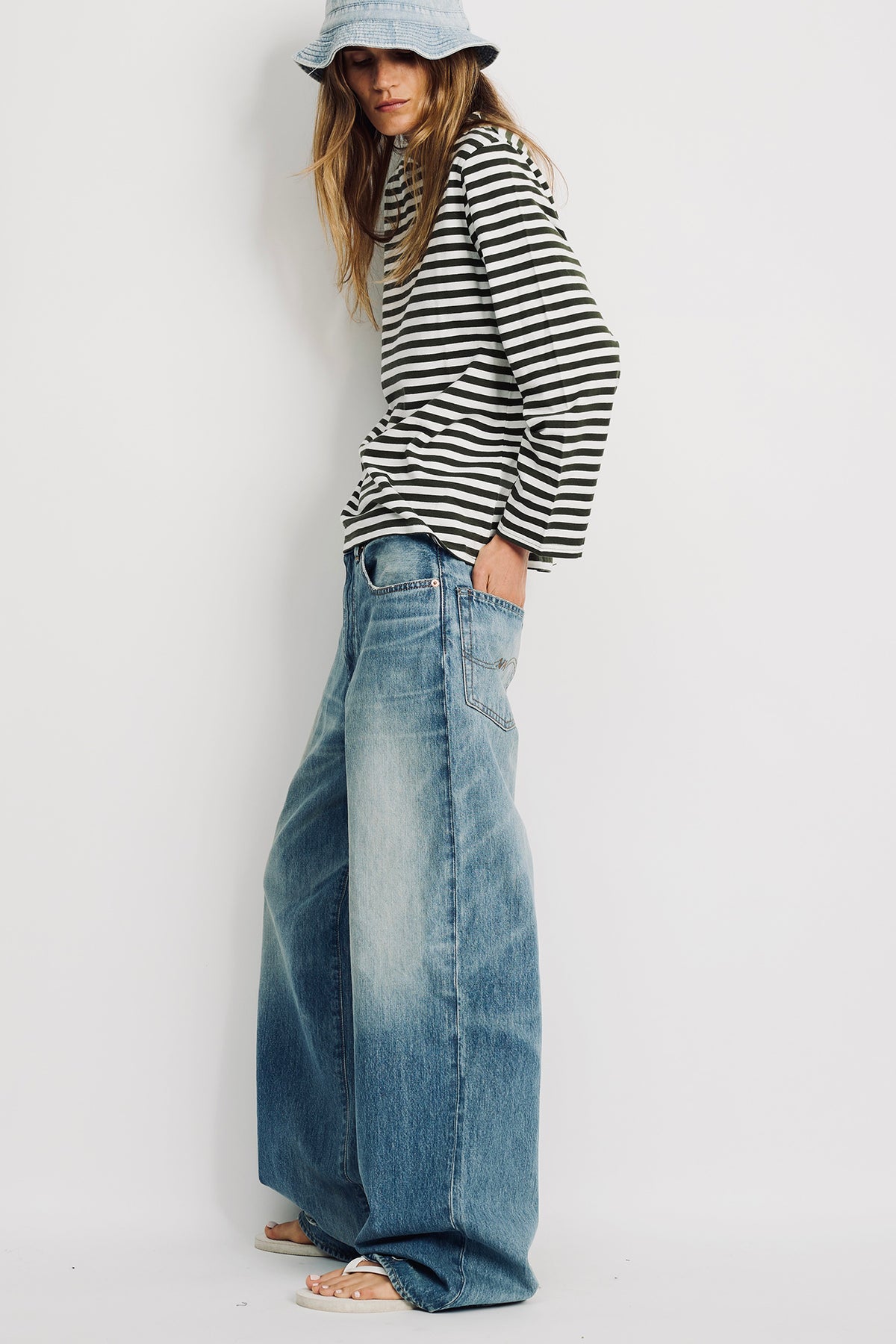 Long Sleeve Boatneck Tee - Olive Green Ecru Stripe