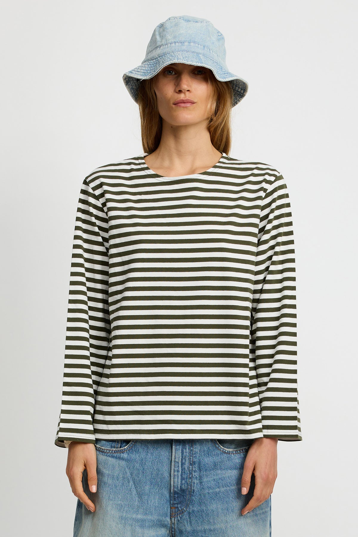 Long Sleeve Boatneck Tee - Olive Green Ecru Stripe