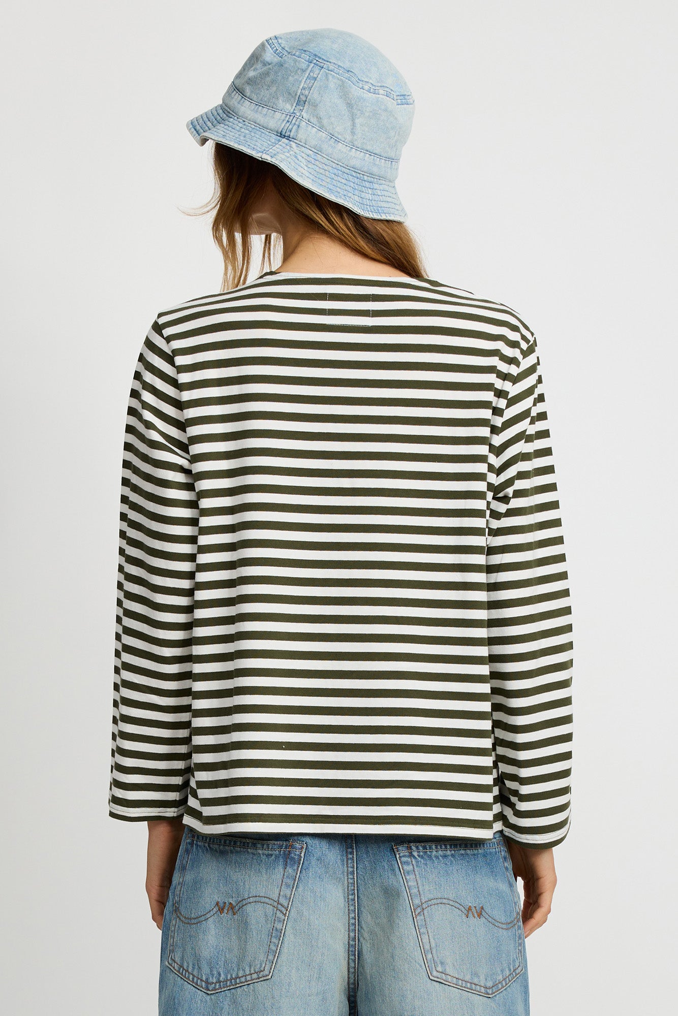 Long Sleeve Boatneck Tee - Olive Green Ecru Stripe