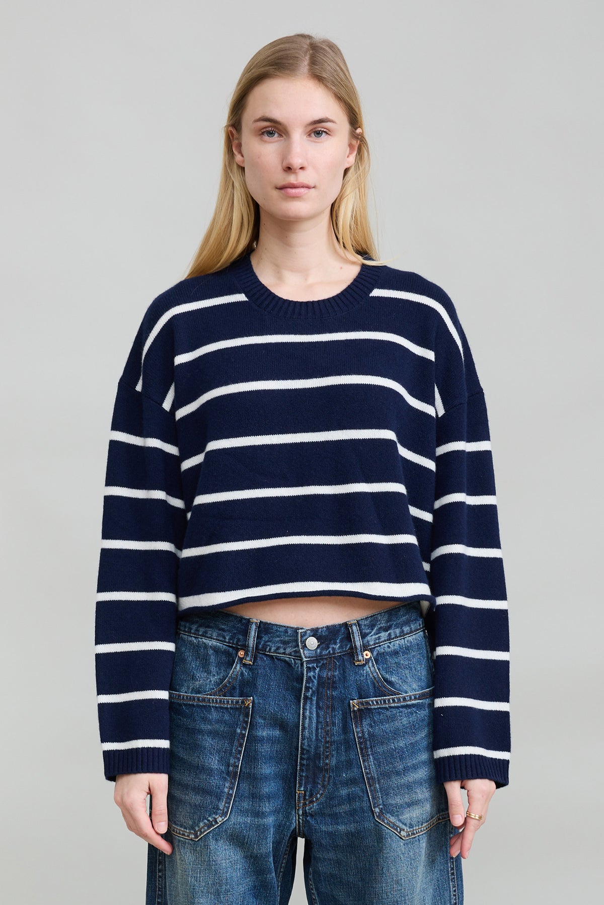 Cropped Stripe Sweater - Navy With White Stripe