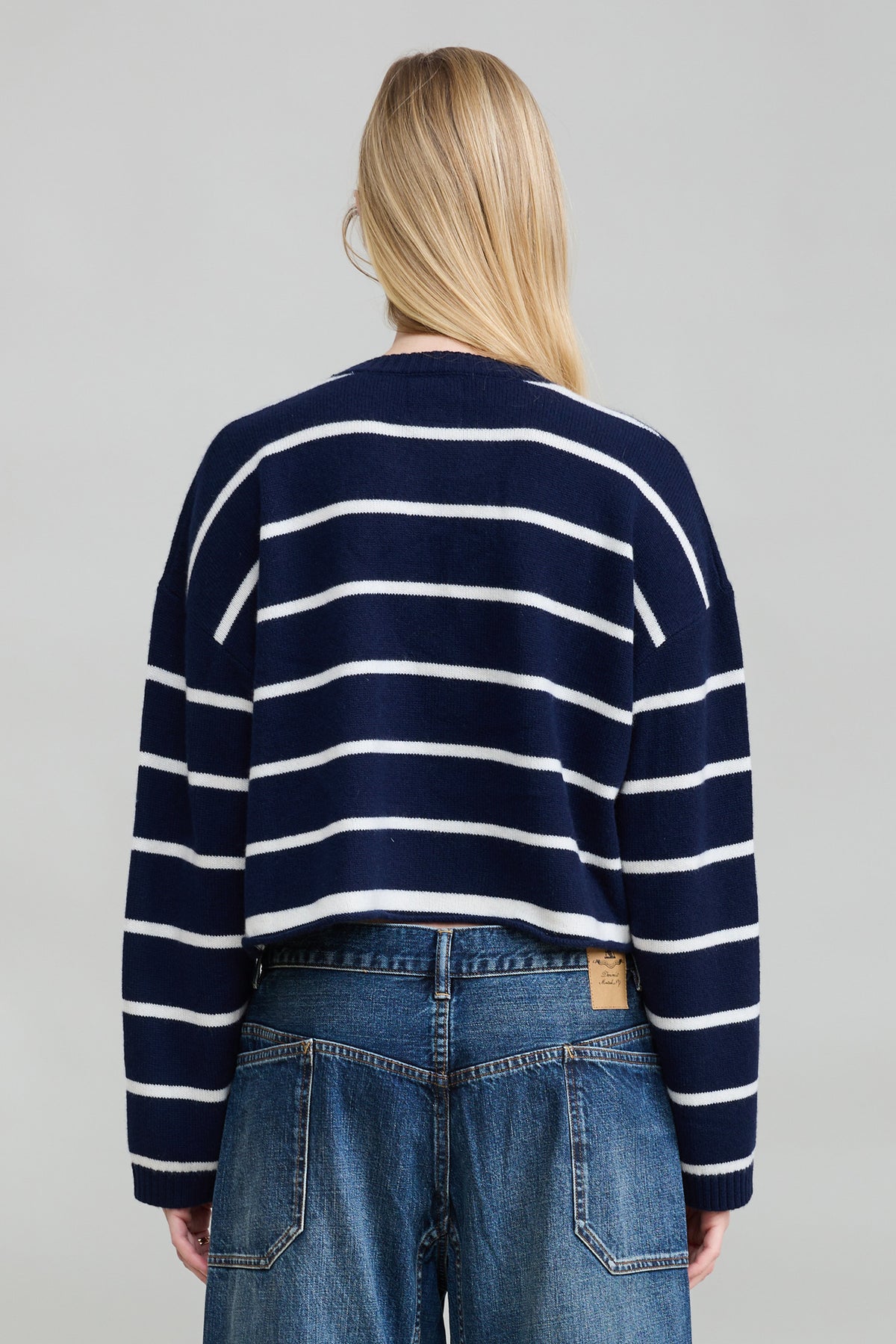 Cropped Stripe Sweater - Navy With White Stripe